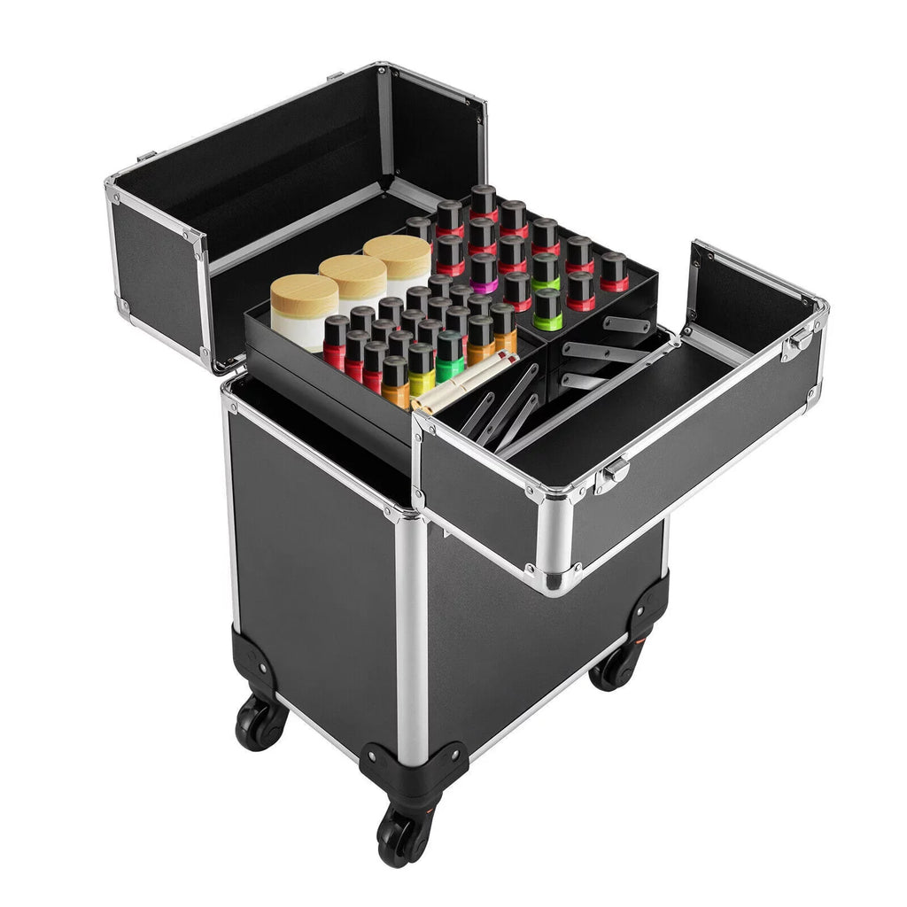 Rolling Lockable Makeup Train Case Hairdresser Trolley, Stylist Beauty Nail Salon Barber Case Cosmetic Luggage Travel Trunk Cart Organizer Tool Box with Swivel Wheels (Black)