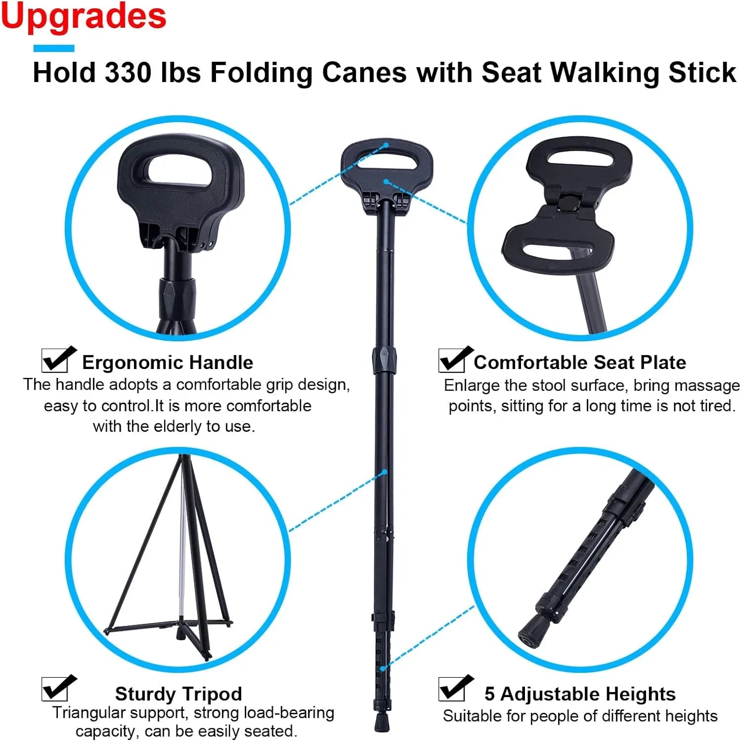 Portable Cane Seat Folding Walking Cane for Men & Women Sturdy Tripod Cane Stool Lightweight Balancing Mobility Aid Crutch Chair with Travel Bag and 2 Base Canes for Elderly, Seniors & Handicap