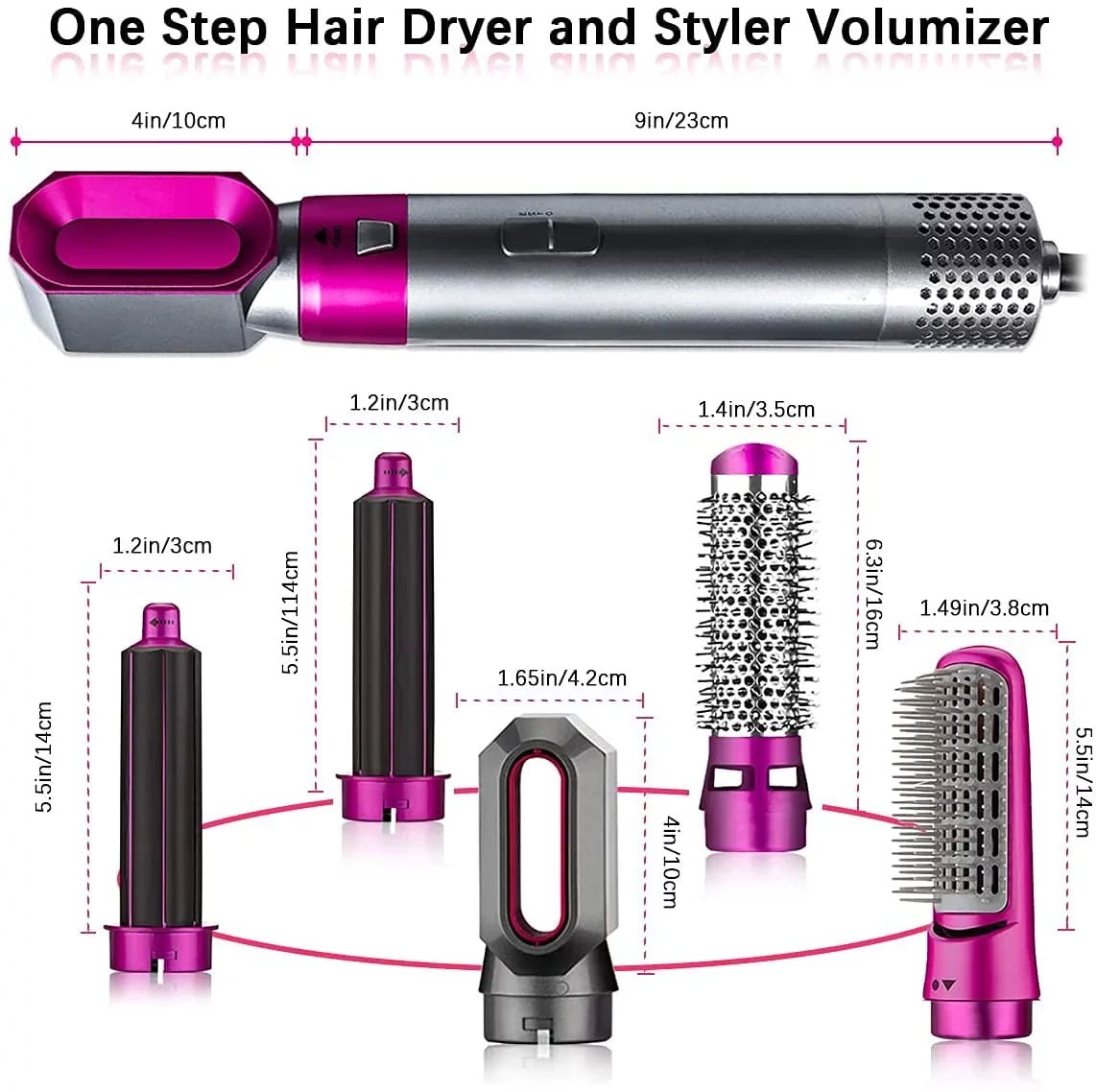 5-in-1 Electric Hair Dryer Brush - Negative Ionic Hair Styler with Detachable Brush Heads - Blow Dryer Brush for Straightening and Automatic Curling Styling, Color: Pink
