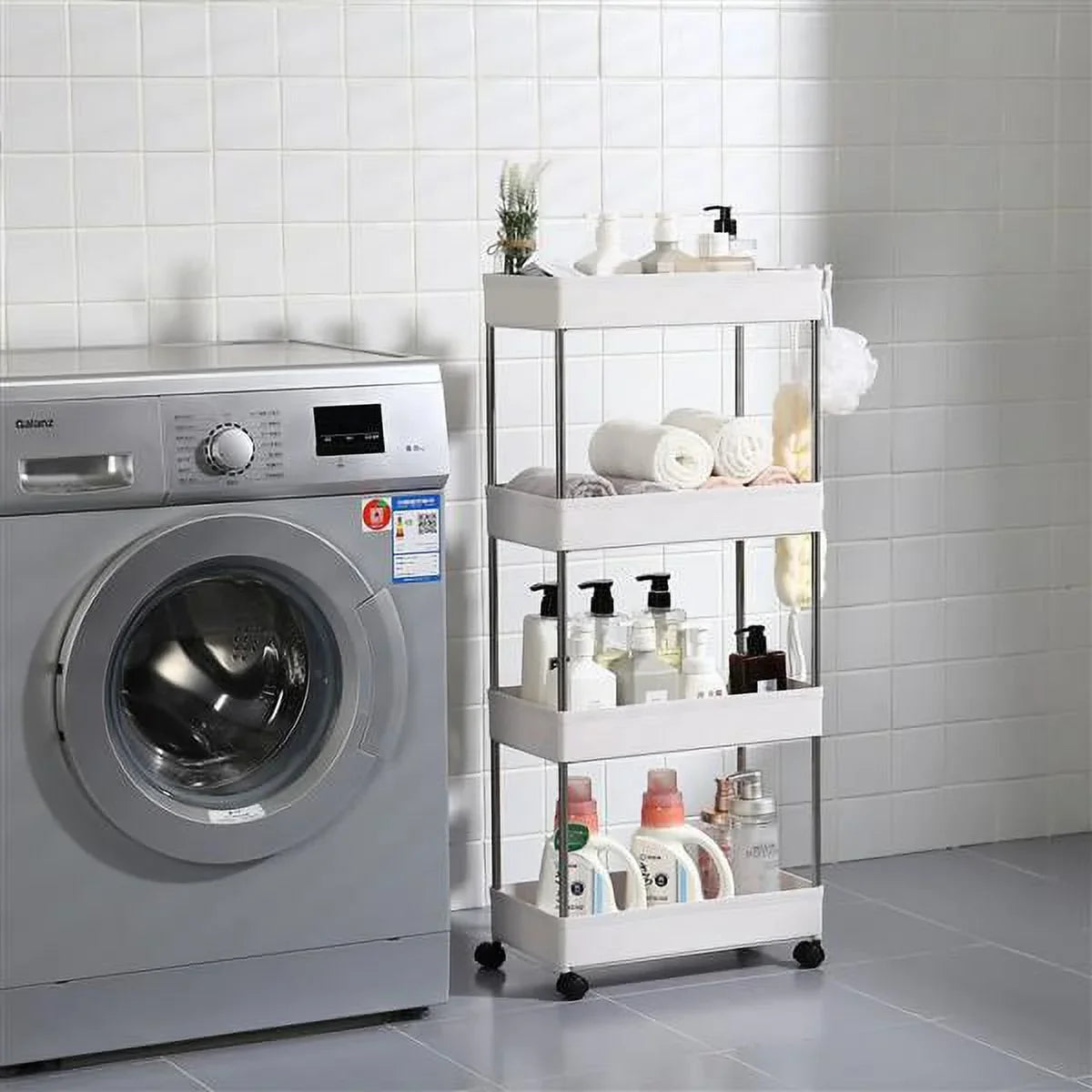 SYTHERS 4-Tier Rolling Storage Cart with 4 hooks, Utility Cart with Wheels, for Kitchen, Bathroom, Laundry Room, Plastic and Stainless Steel, White