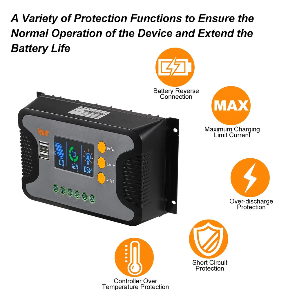 Vistreck 30A Solar Power Controller PWM Battery Charging Controller 12V-48V Battery Solar Charge Controller with Bulk/Boost/Float Charge LCD Display 12V/24V/36V/48V Auto Detection Dual 5V USB Output