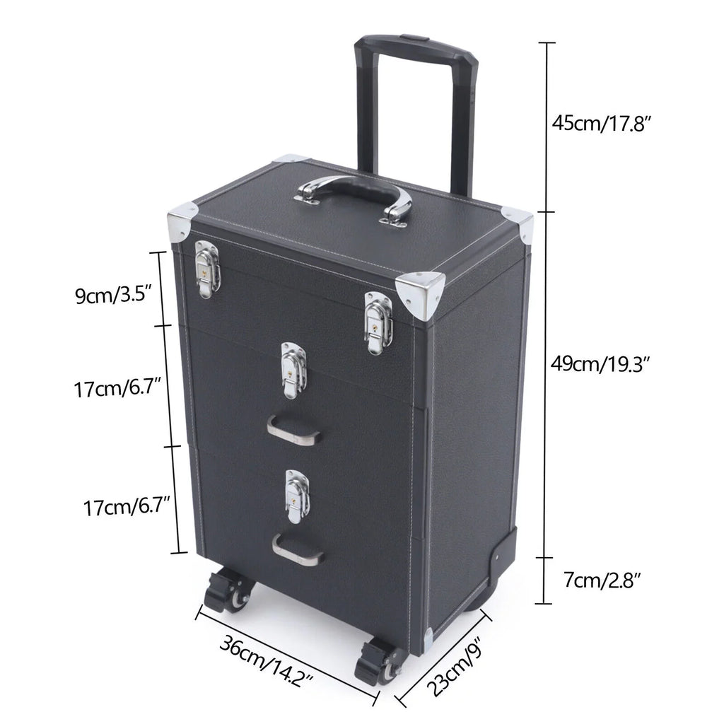 Women's Rolling Makeup Train Case Black Trolley Cosmetic Box Lock Wheels PU Makeup Train Case Cosmetics Rolling Organizer Cases Storage Box Trolley Black Trolley Bag Black Cosmetics Rolling Organizer