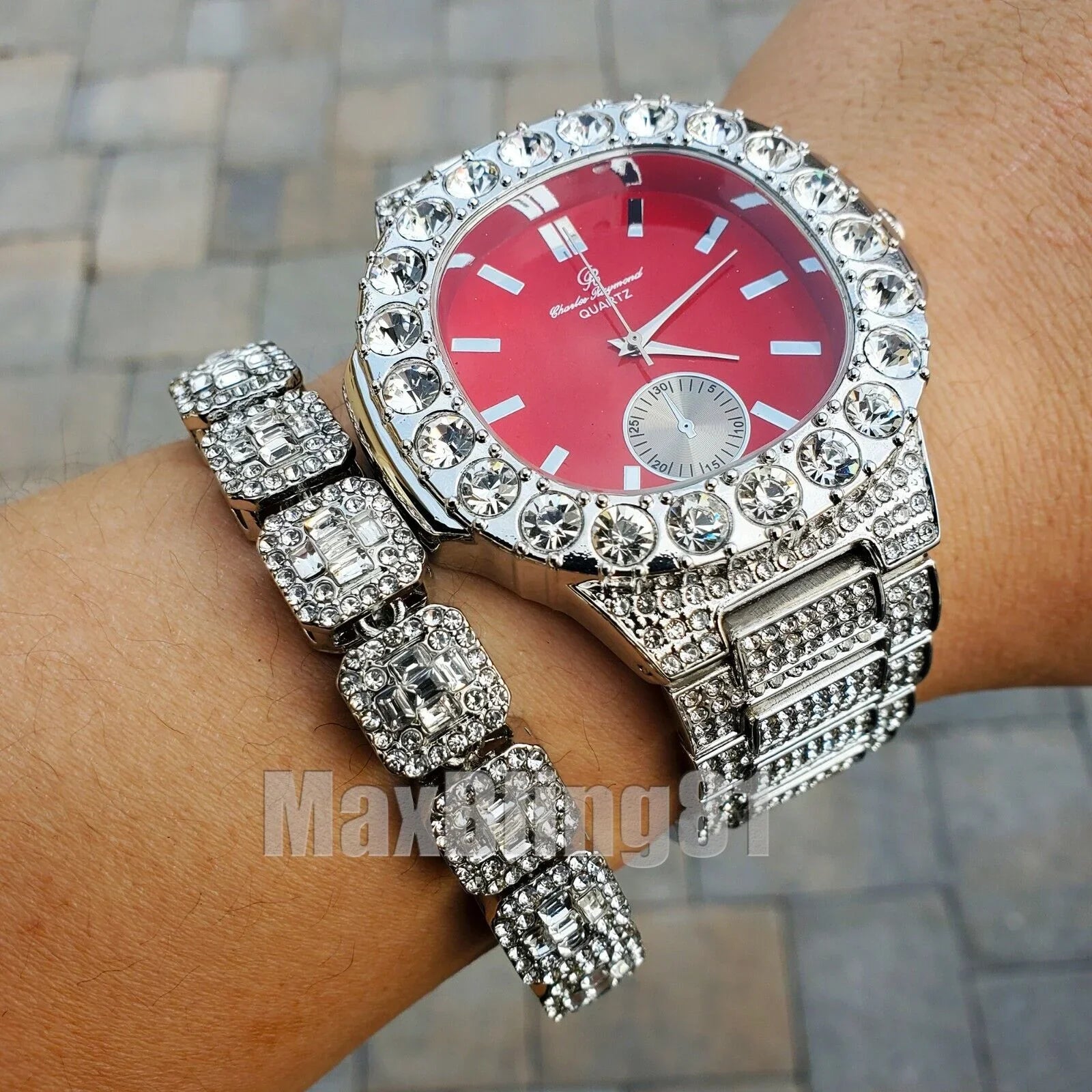 HIP HOP SILVER PT LUXURY BLING RED DIAL WATCH & ICED BAGUETTE STONE BRACELET