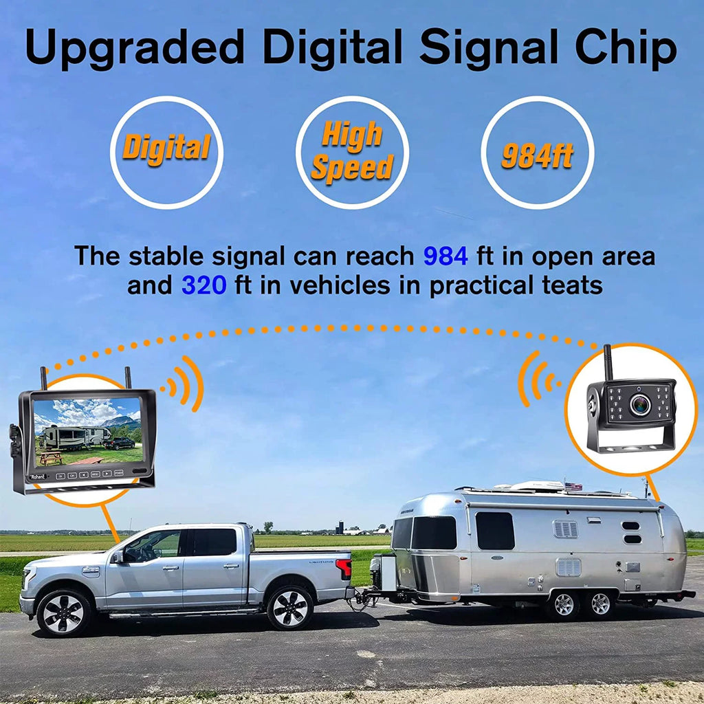 Upgraded Digital Wireless Backup Camera High-Speed Observation System for RV Truck Trailers Camper 5th Wheel with 7" Monitor Split Screen Recorder Driving/Reverse Use IP69K Waterproof Night
