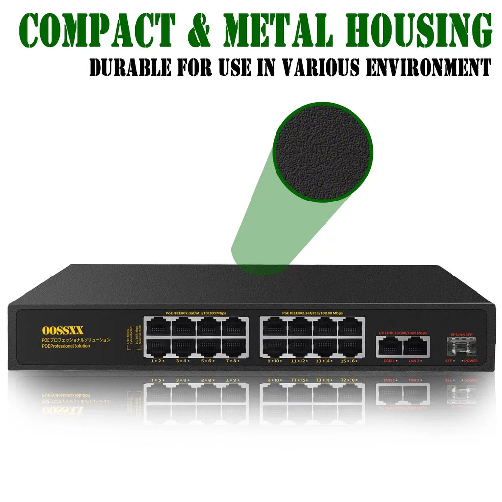 16 Port POE Switch, Unmanaged Outdoor Computer Network Passthrough Powered Router, Networking Internet Ethernet Hub (16 Port PoE+/2 Gig Up-link/1 Fiber SFP) Power Extender Switches