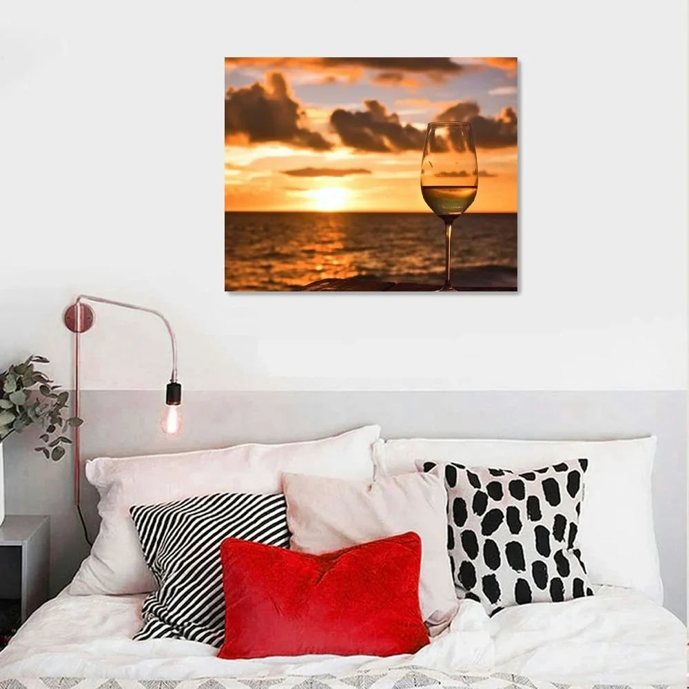 PRATYUS  Wall Art Painting Pictures Glass of white wine on the beach at sunset Sundowners Framed Poster Prints on Canvas Artwork for Living Room Bedroom Home Office Decor 20x16 Inch