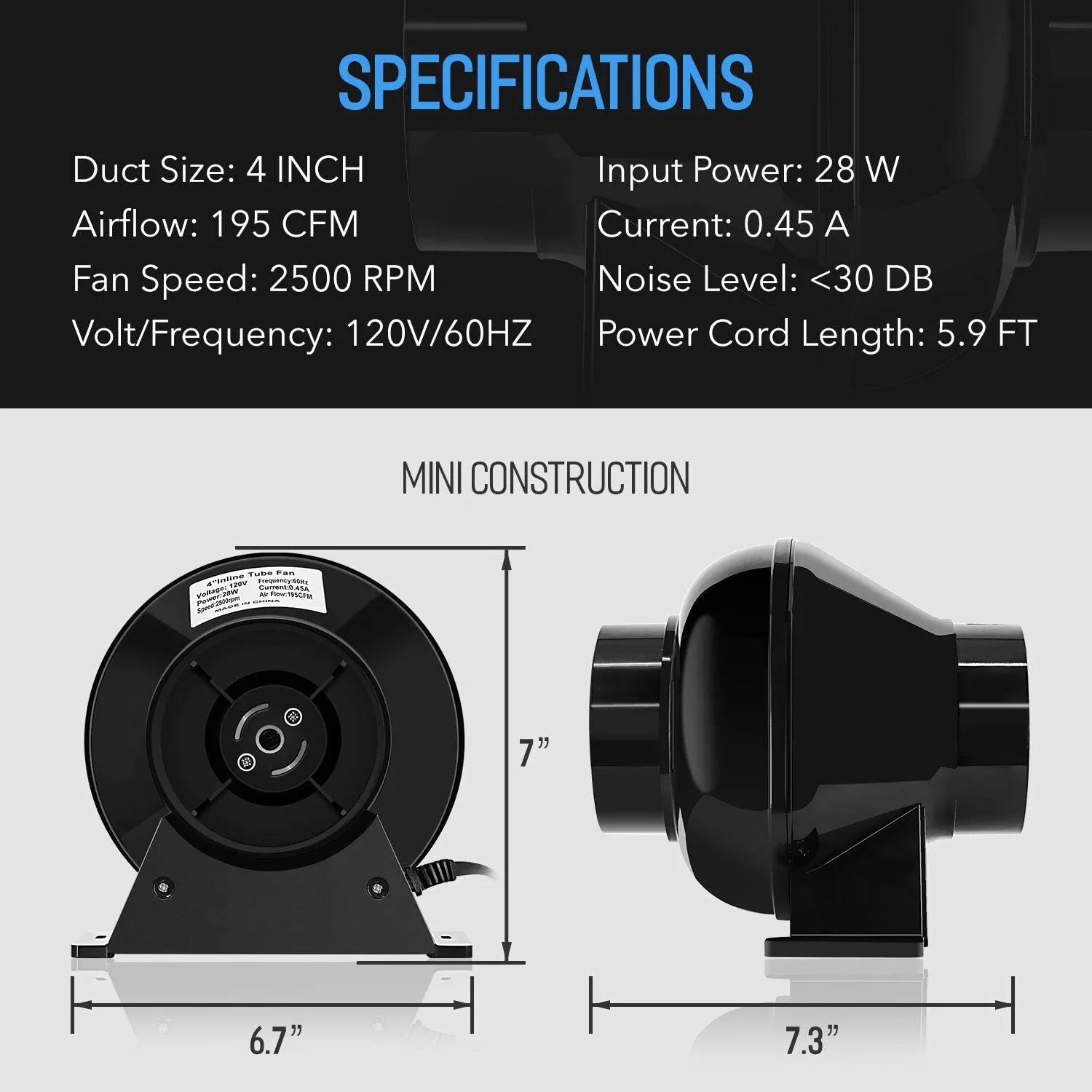 iPower 4 inch 195 CFM Inline Duct VentiLatitudeion Fan Air CircuLatitudeion Vent Blower for Grow Tent, 4" Lite, Black, 1-Pack