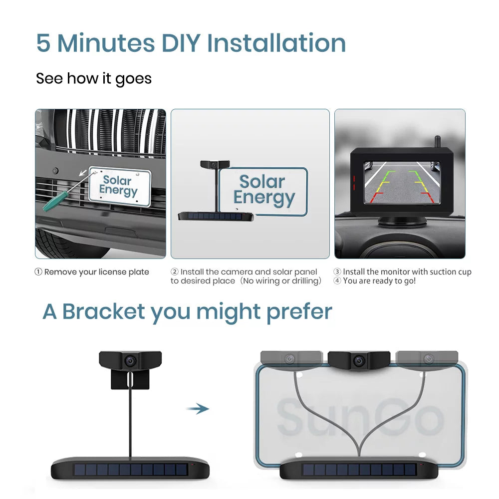 Boscam Solar Wireless Backup Camera No Wiring Install with Digital Wireless Rear View Camera, Universal Bracket for Most Vehicle (SungoPro)