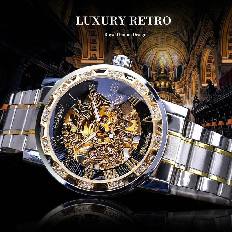 Men Mechanical Skeleton Wrist Watch 1pc Silver Exquisite Diamond Gear Movement Business Luxury Gift Gold White