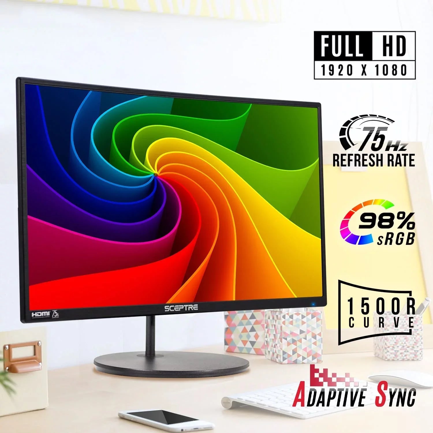 Sceptre 24" Curved 75Hz Gaming LED Monitor Full HD 1080P HDMI VGA Speakers, VESA Wall Mount Ready Metal Black 2019 (C248W-1920RN)