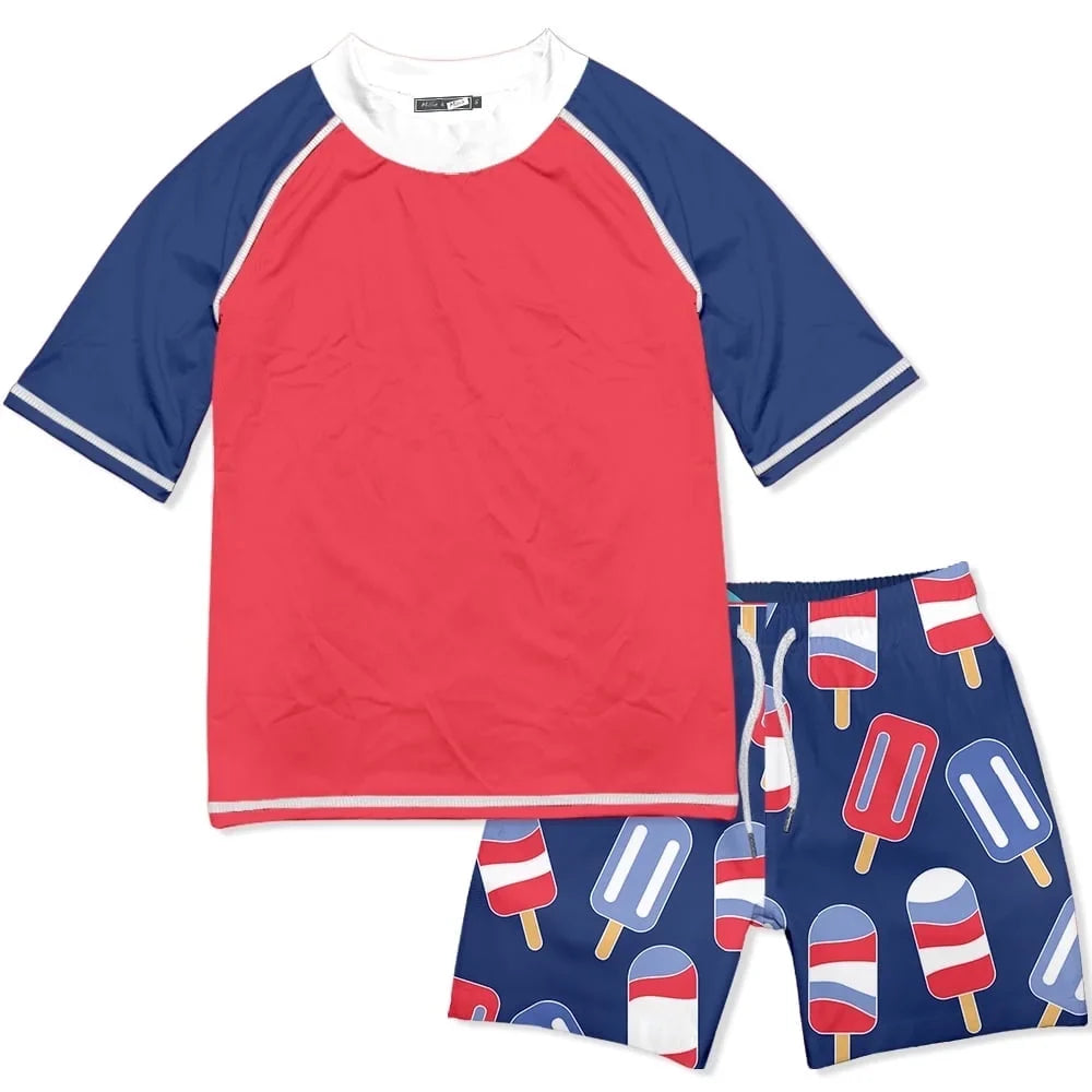 Millie Loves Lily Male Red Popsicles Short-Sleeve Rashguard Swimsuit Set UPF 50, Size 2T-10