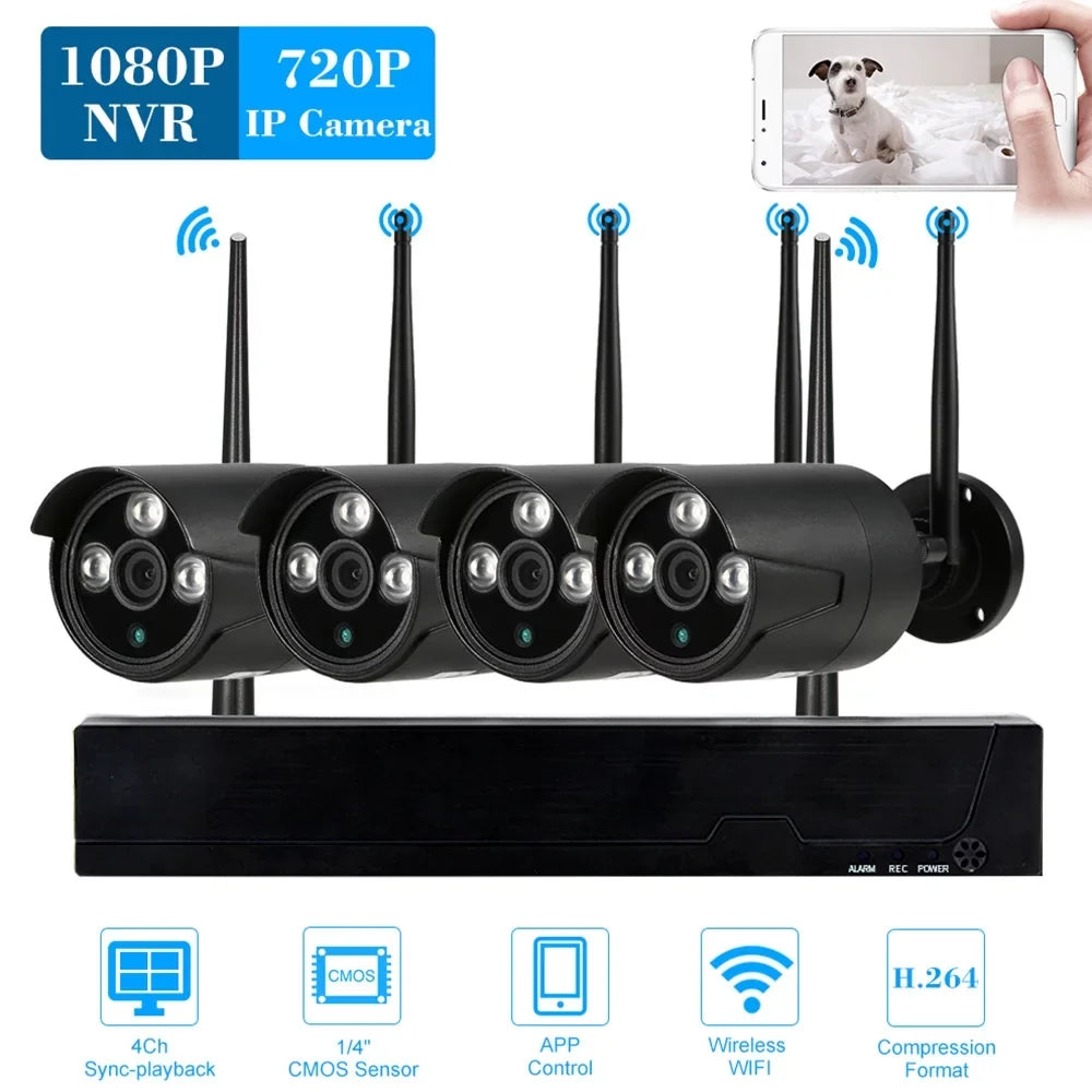 Radirus Wireless CCTV System, 4pcs 1.0MP WiFi IP Camera, 4CH 1080P NVR Kit, Phone Control