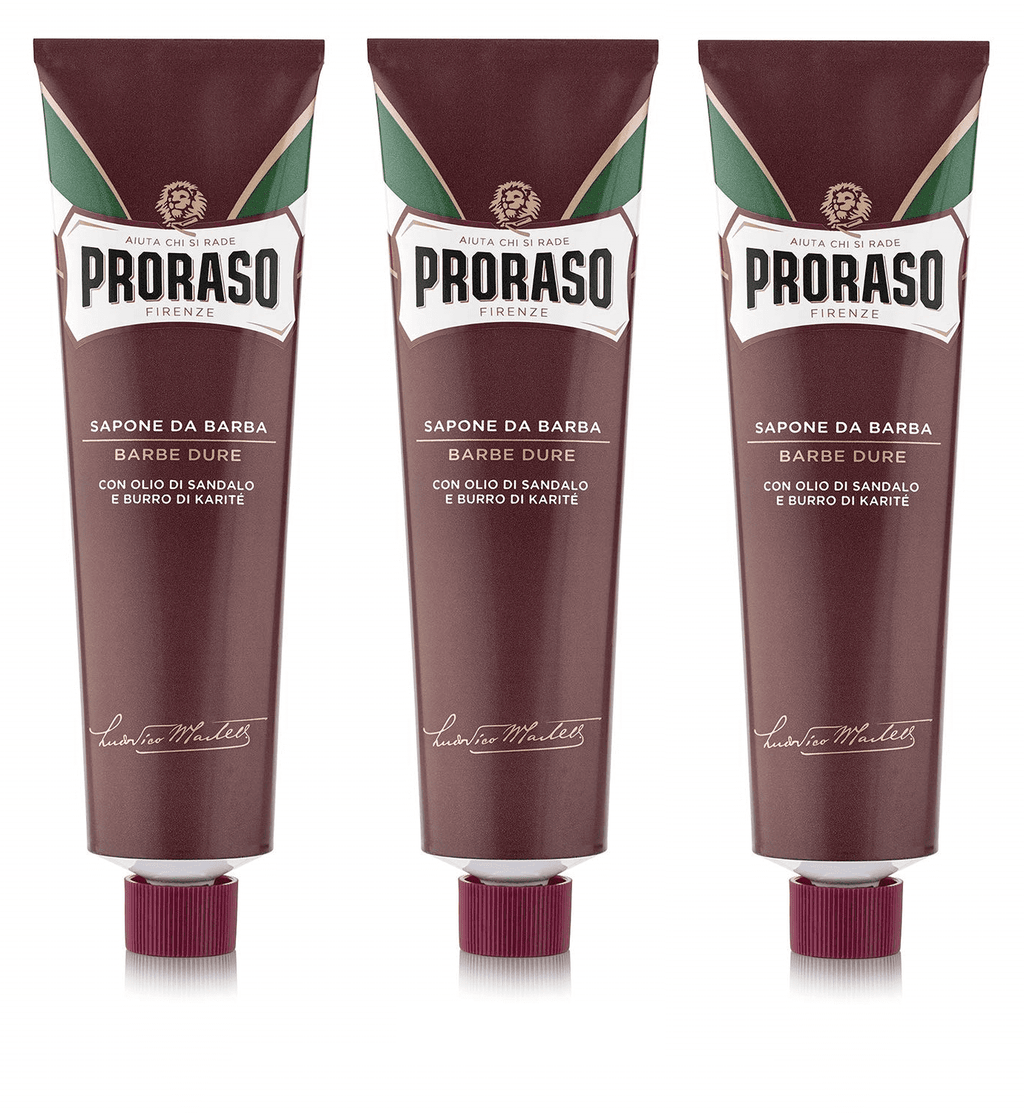 Proraso Shaving Soap Cream Sandalwood Shea Butter Sapone Da Barba in for Coarse Beard 150ml tube - RED 3 Pack