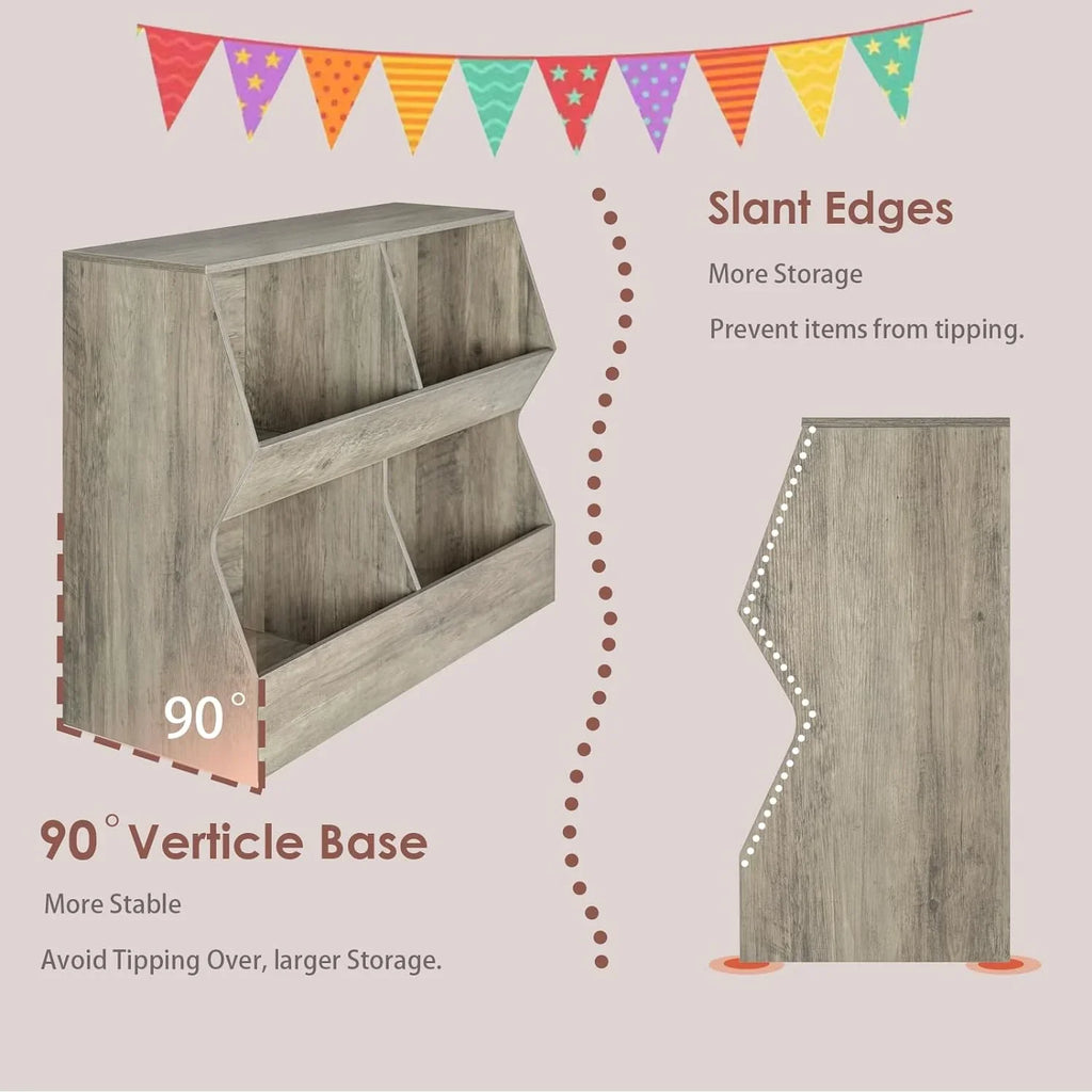 JIAH Kids , Toy Storage Organizer, Wooden Toy Storage Cabinet, 4 Cubby Children Bookcase, Toddler Book Toy Shelf for Bedroom, Nursery, Hallway, School, 39.4" Long, Gray Wash