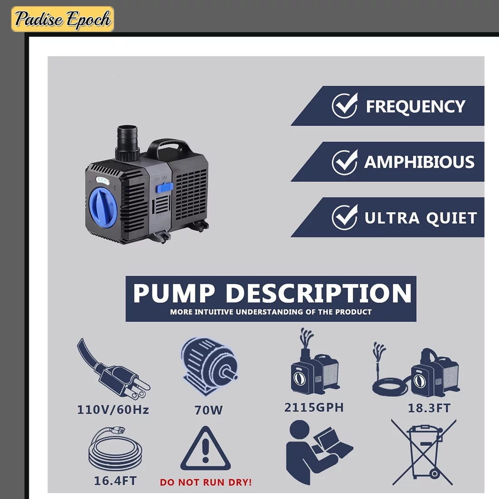 2115GPH Big Flow Adjustable Frequency Inline Fish Tank Fountain Aquarium Waterfall Salt Fresh Pond Submersible Filter Water Pummp With Ceramic Shaft