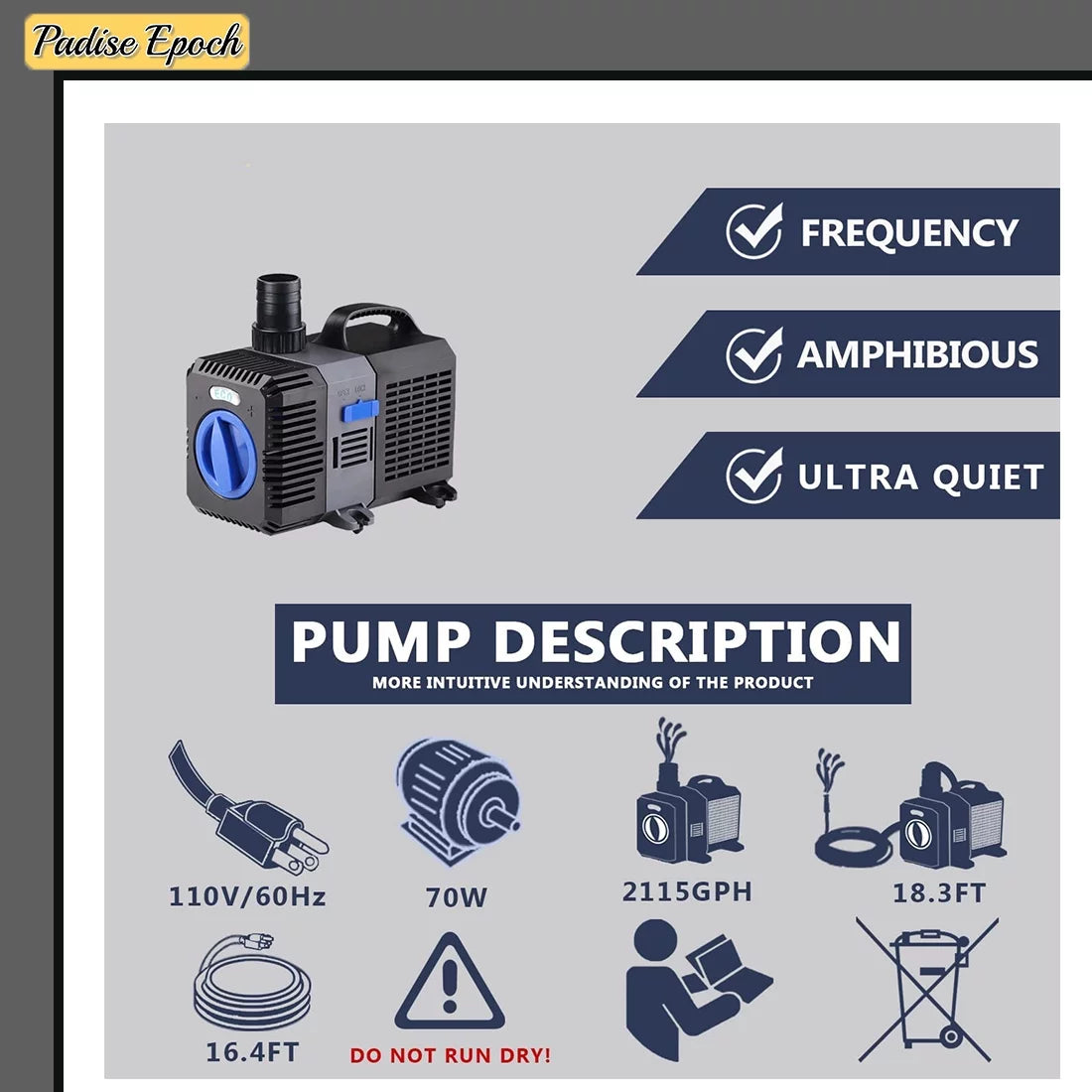 2115GPH Big Flow Adjustable Frequency Inline Fish Tank Fountain Aquarium Waterfall Salt Fresh Pond Submersible Filter Water Pummp With Ceramic Shaft