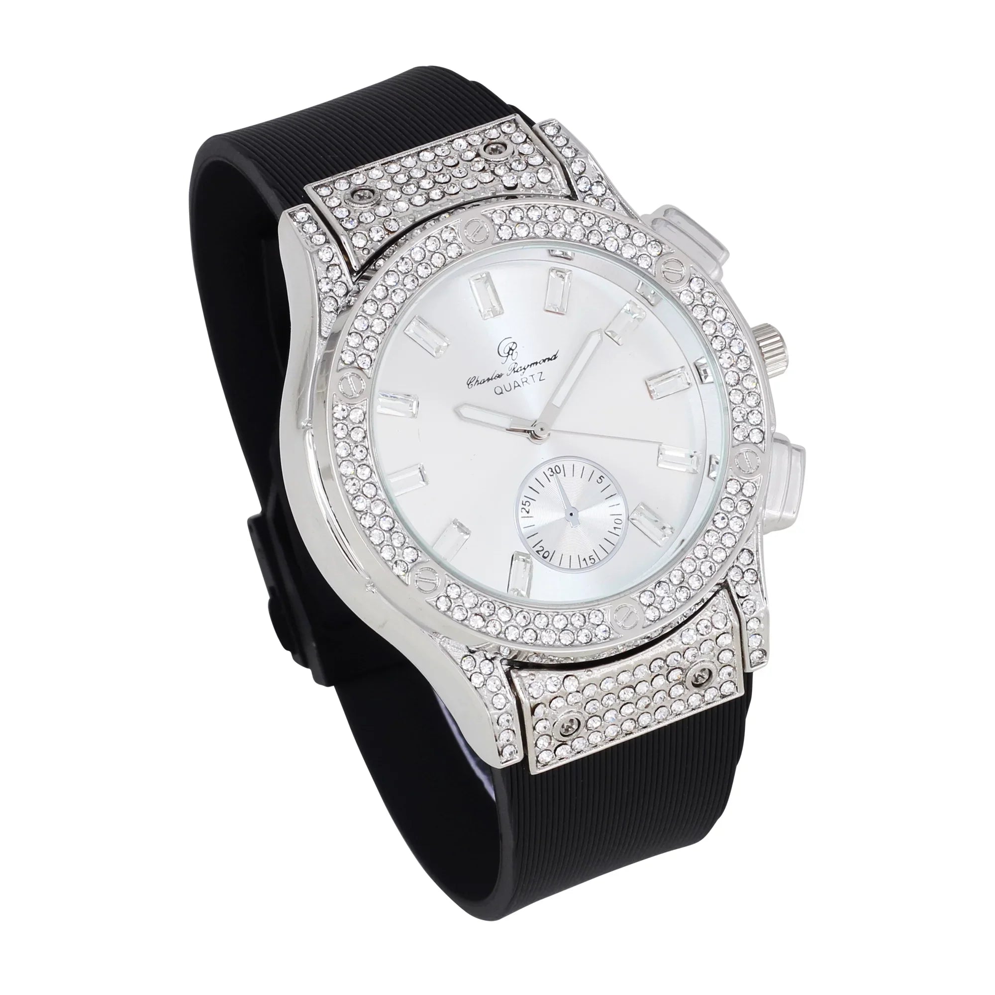 Bling-ed Out It's Lit! Hip Hop Watch & Jewerly Set w/Cuban Chain Bracelet, Kite Bling Earrings & Ring - GJM13 (8, ST10311 SB SLV) ASIN: B0CHF5CL34