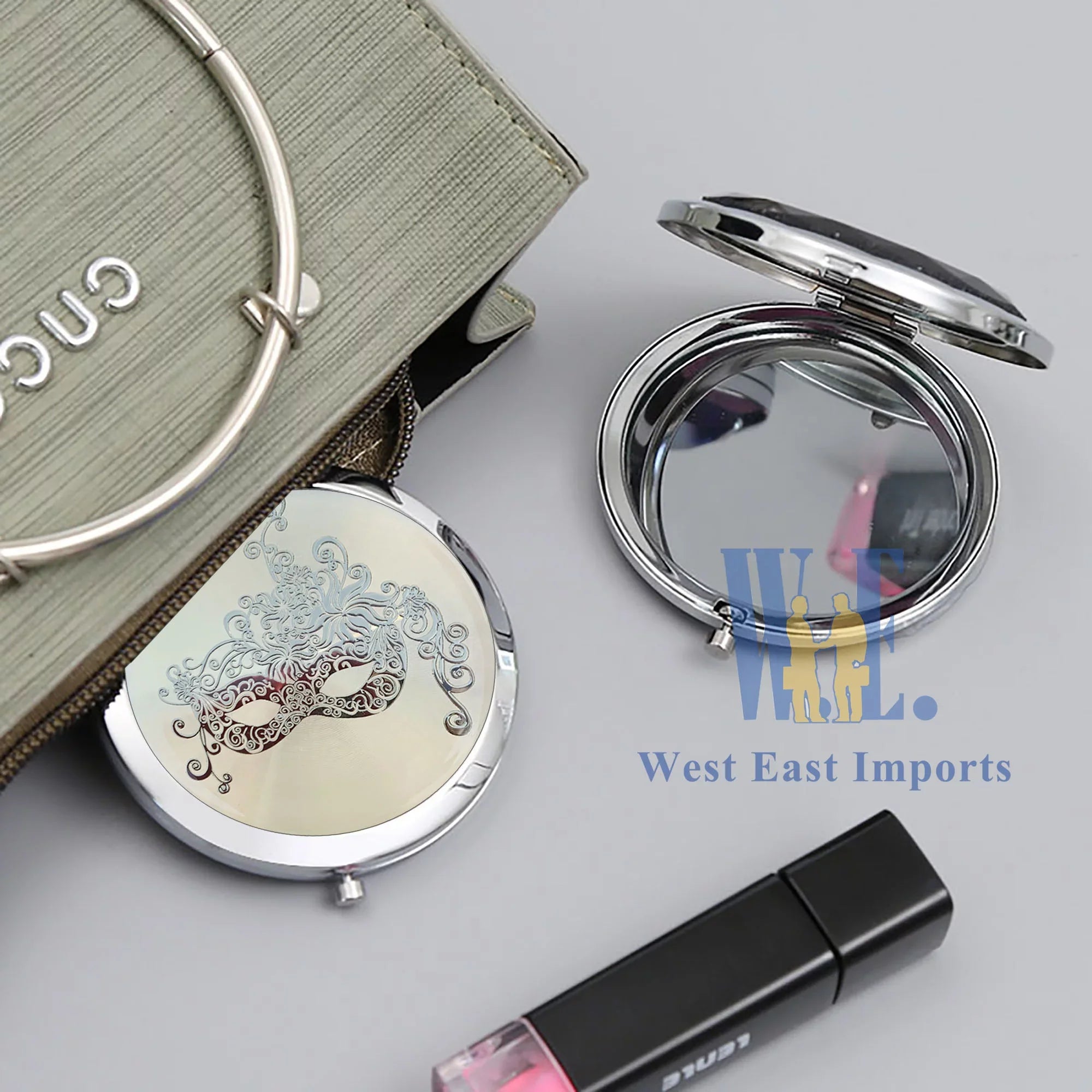 12 Pcs Silver Masquerade Mask Compact Mirrors - Quinceanera/ Sweet 16/ Bridal Shower/ Birthday Favors for Guests GG090S/G