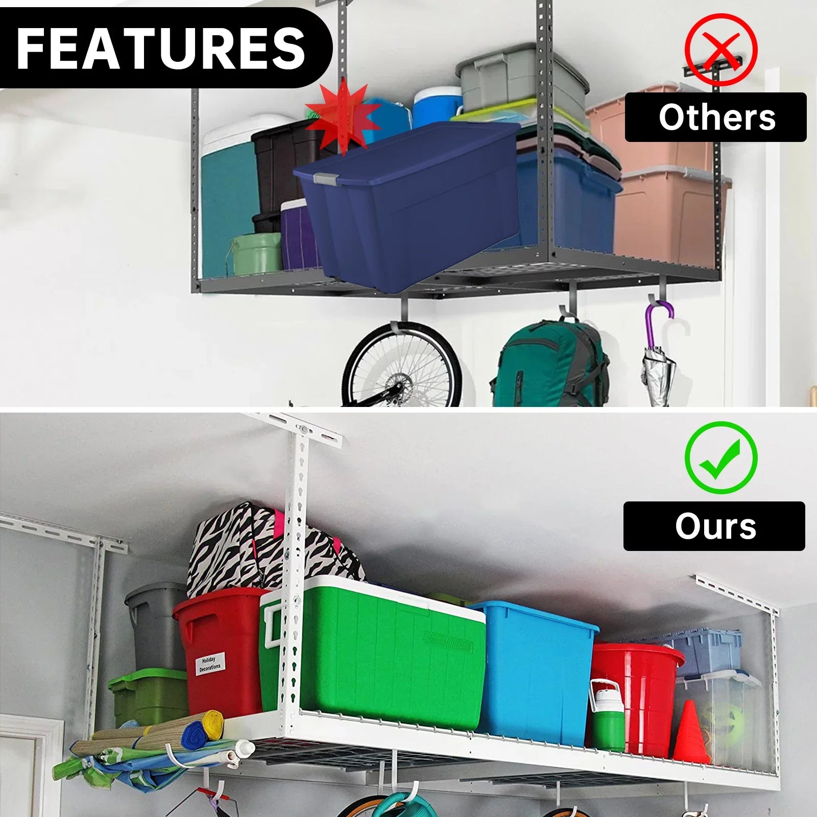 HECASA 72" x 36" Overhead Garage Storage Rack Adjustable 3x6 Ceiling Garage Organization Wall Shelf Ceiling Mounted Storage Racks White