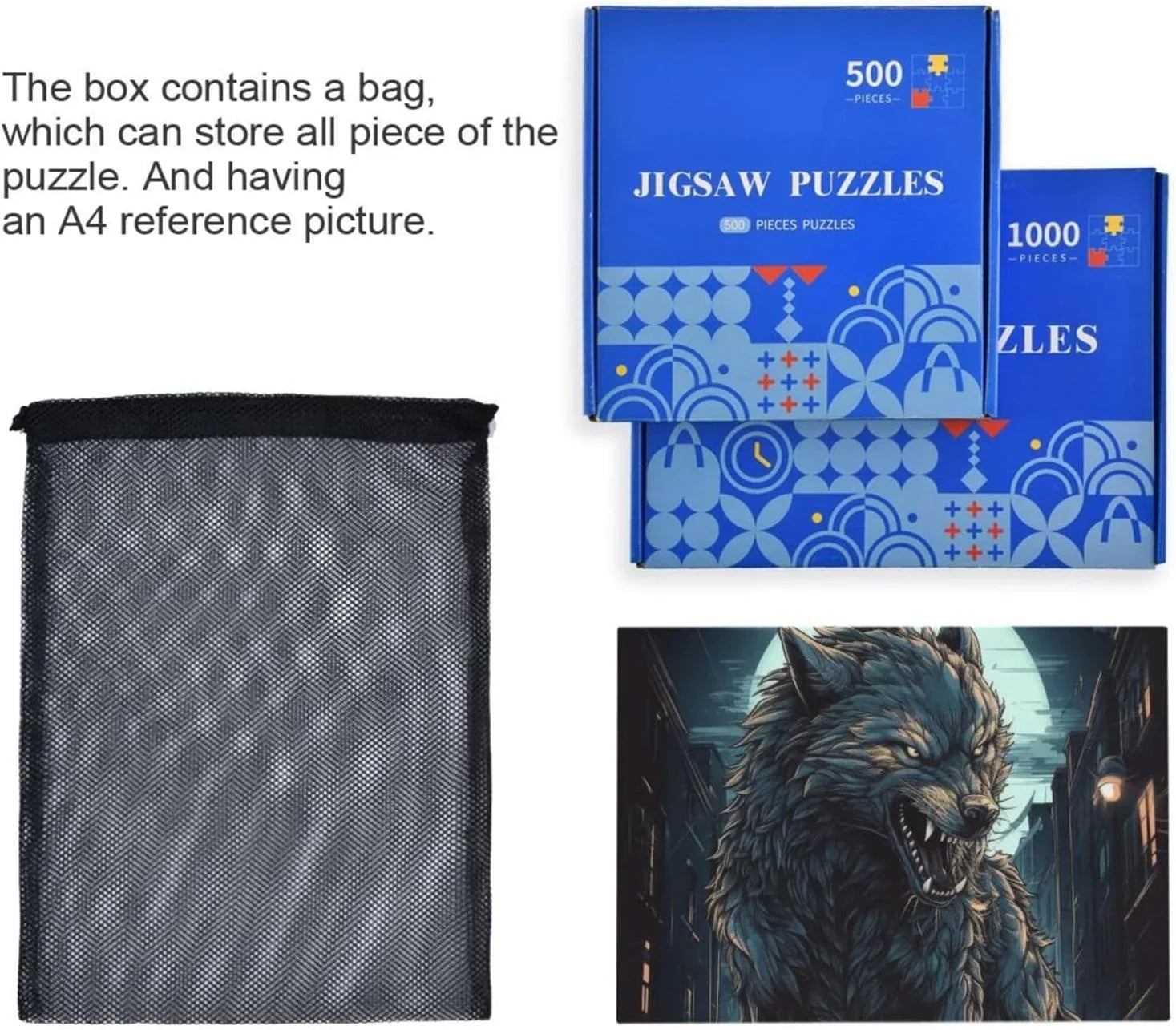 500 PCS Big Wolf Moon Night Jigsaw Puzzle, Paper Wood Composite Material Zigsaw with Storage Bag, Puzzle for Adults, Fun Challenging Brain Exercise Family Game Gift for Kids Friends Parents