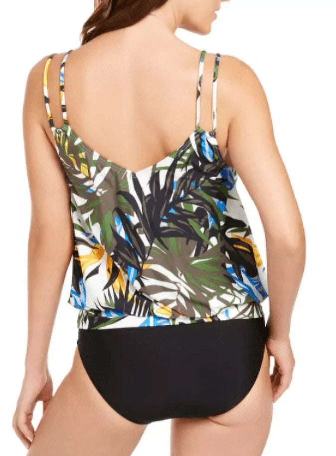 Calvin Klein OLIVE MULTI TROPIC RAINFOREST Blouson Tankini Swim top, US 2X-Large