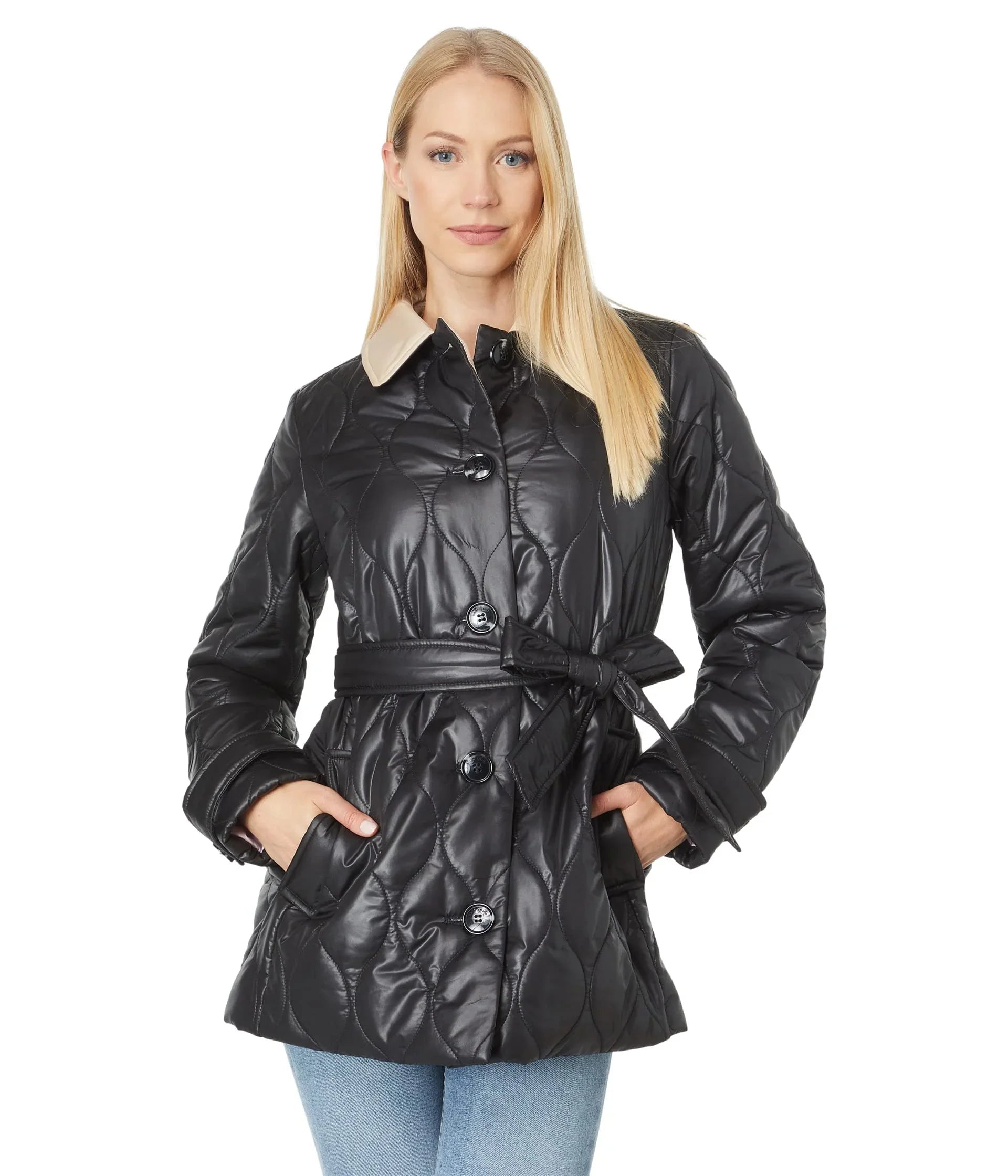 Kate Spade New York Single Breasted Belted Quilt with Contrast Collar Black XS (US 0)