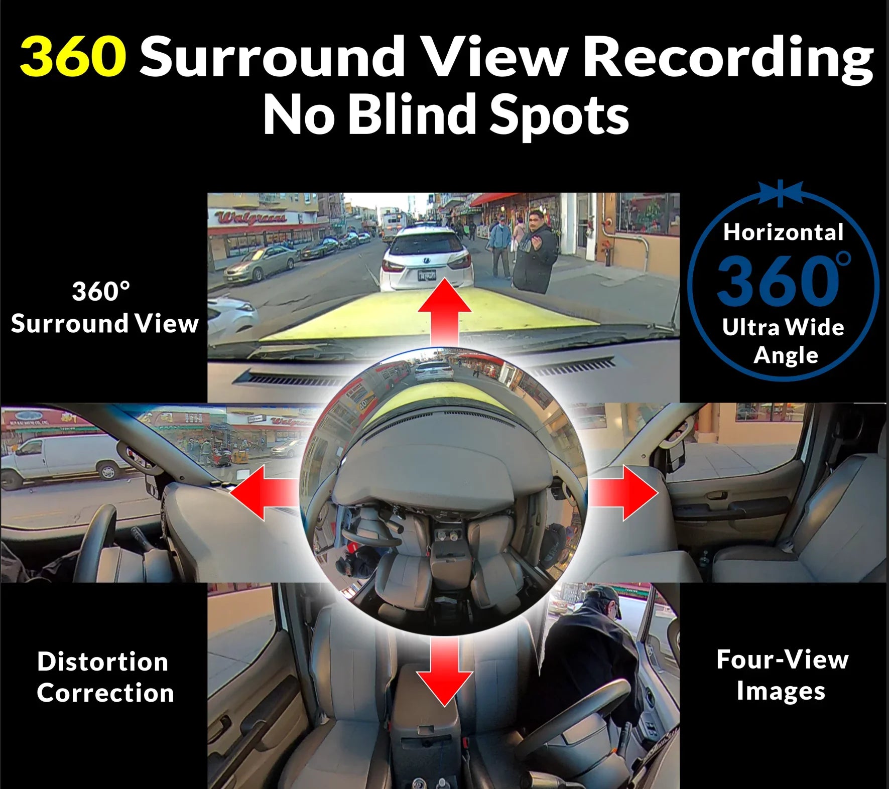 RYDEEN 360 View Surround View 4K Dash Camera 10-inch Touchdisplay Frameless Rearview Mirror with TFT Monitor w/ Auto Brightness Day/Night, DIY Install, Backup Video-in