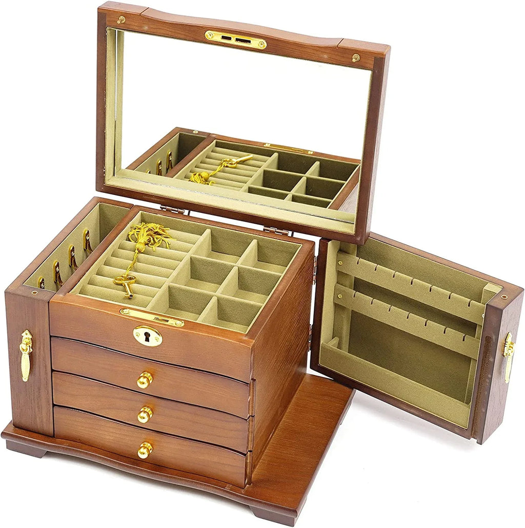 MONIPA 4 layers Wooden Gemstone Display Case Jewelry Storage Case W/ 4 Drawers and 2 Swing-out Cabinets