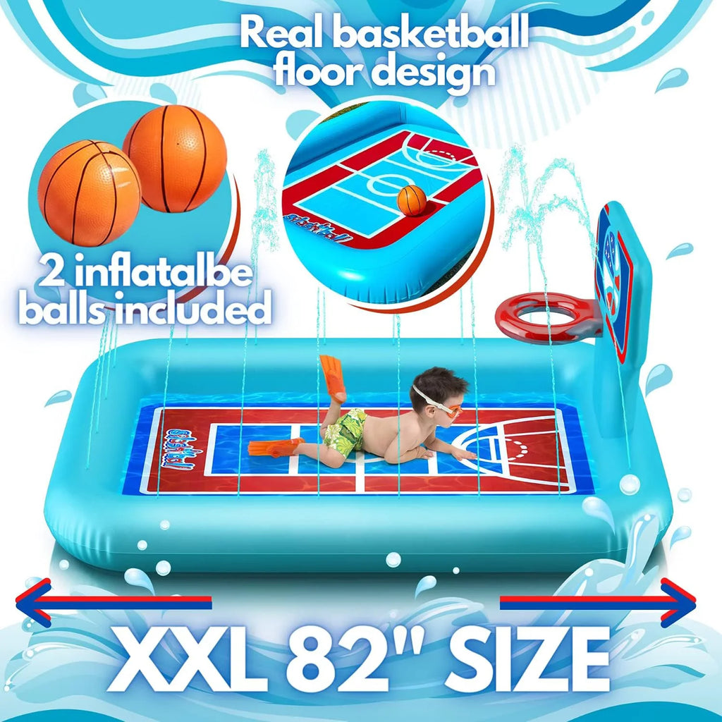Splash Pool Pad With Sprinkler System, Hoop And 2 InfLatitudeable Basketballs - Splash Pad For Kids - Kids Summer Toys And Water 82-inch.