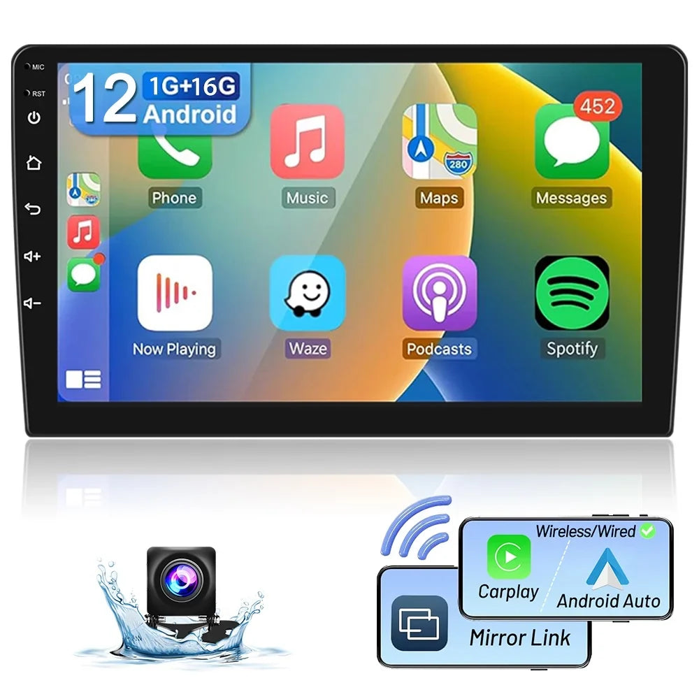 Podofo 1+16G Double DIN 9'' Touchdisplay Car Stereo Radio Wireless Carplay Android Auto Mirror Link Android 12 HD 1080P WIFI GPS FM Bluetooth, AHD Backup Camera