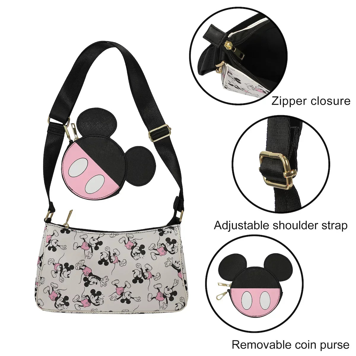 Disney Mickey Mouse Women's White Handbag With Removable Coin Purse