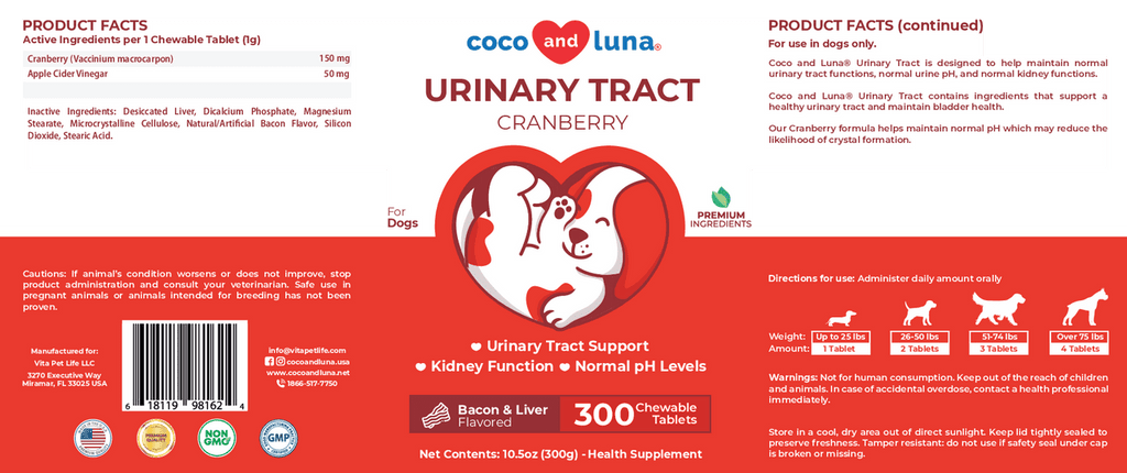 Coco and Luna Urinary Tract Support for Dogs - 300 Chewable Tablets
