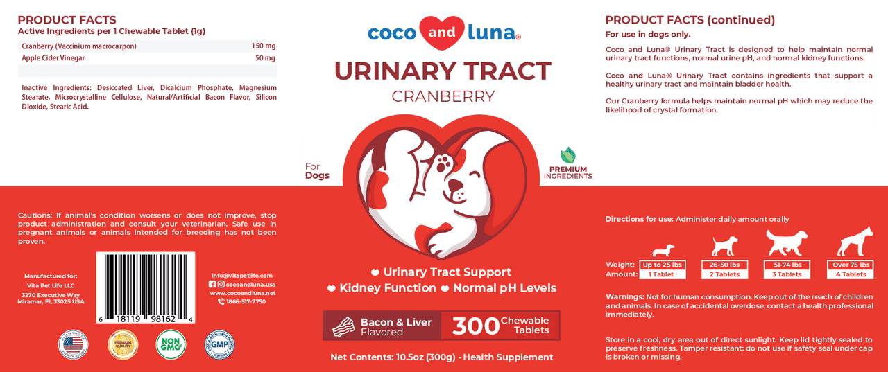 Coco and Luna Urinary Tract Support for Dogs - 300 Chewable Tablets