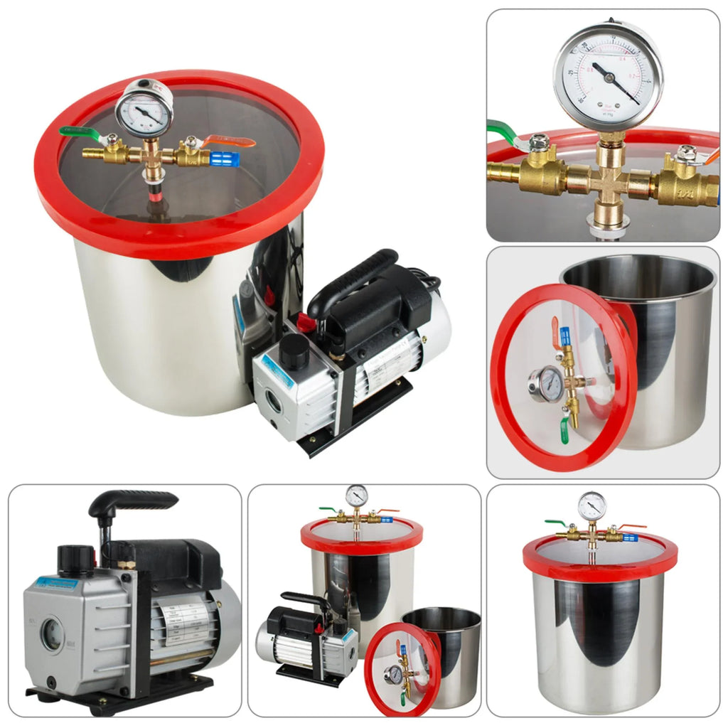 Efficiently Eliminate Air Bubbles with our Stainless Steel Silicone Machine & Powerful 3CFM Vacuum Pump - Ultimate 5 Gallon Vacuum Degassing Chamber Kit