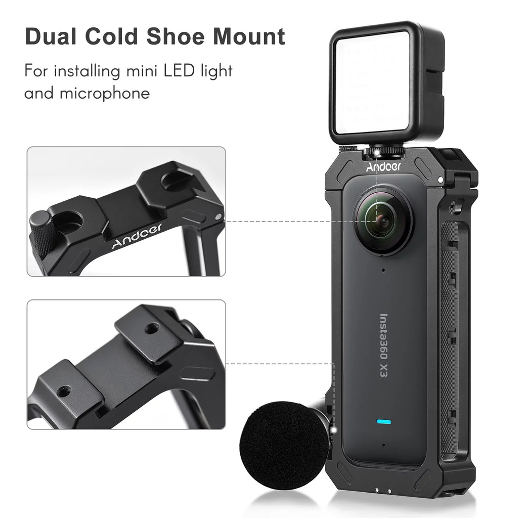 Andoer Aluminum Alloy Sports Camera Video Cage with Dual Cold Shoe Mounts - Metal Protective Frame Vlog Accessories for Insta360 X3