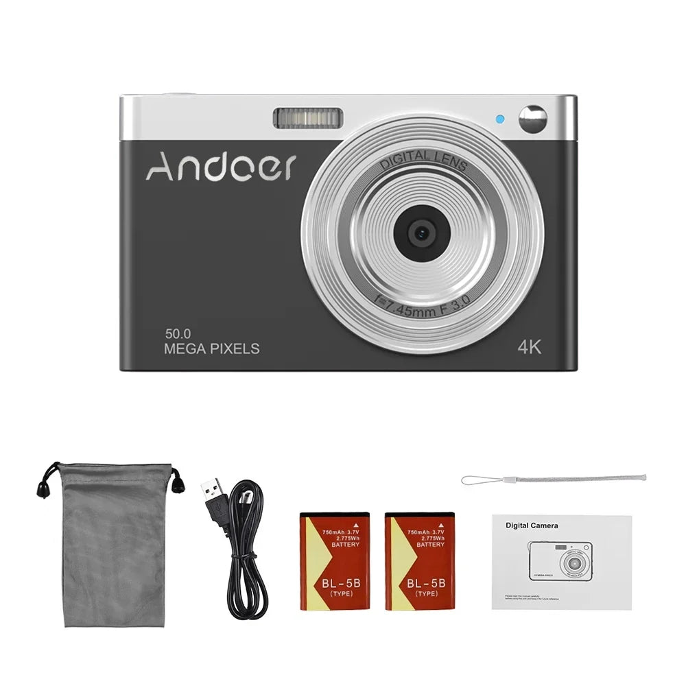 Compact 4K Digital Video Camera with 50MP, Auto Focus, and 16X Zoom for Teens