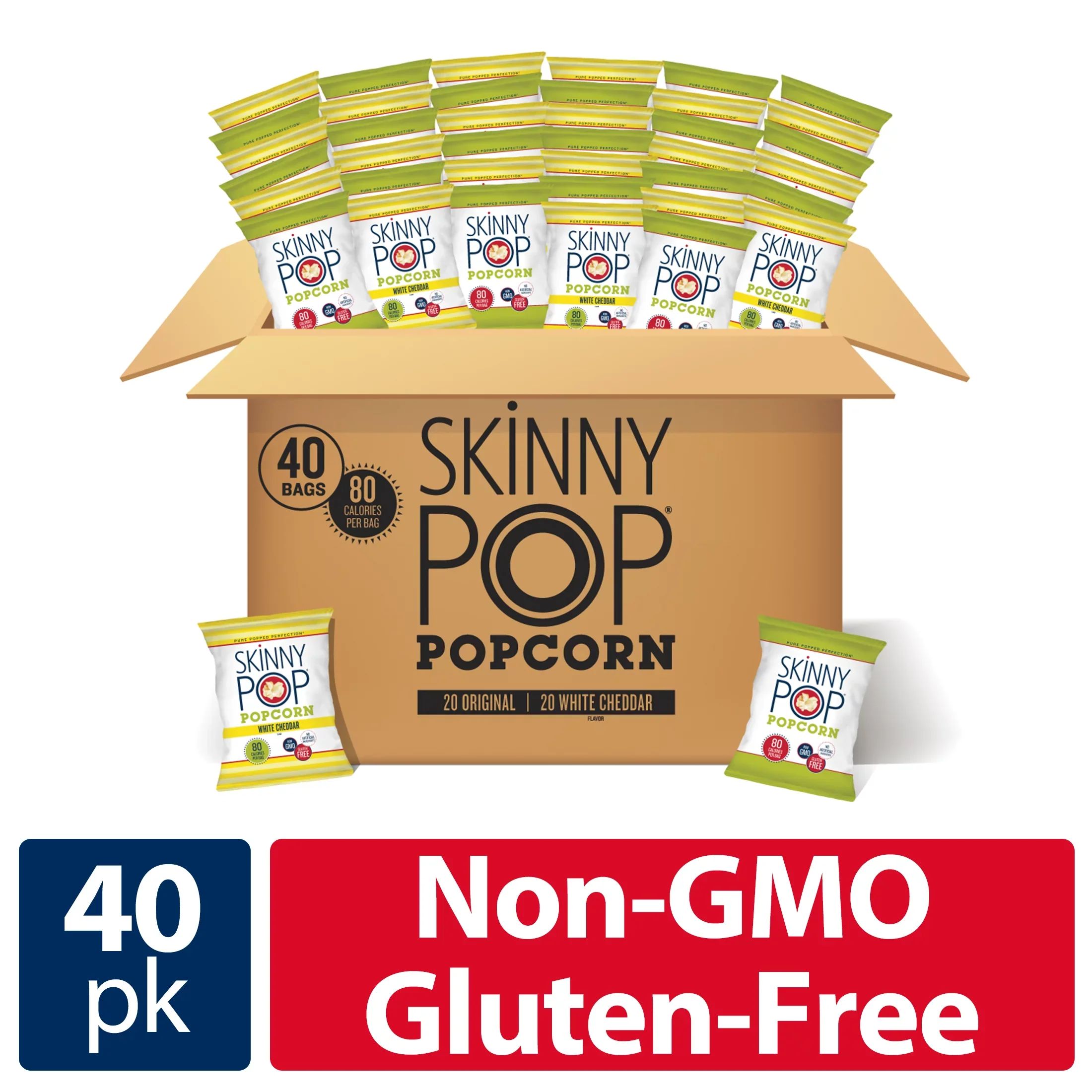 SkinnyPop Gluten-Free Original and White Cheddar Popcorn Variety Pack, 0.5 oz, 40 Count