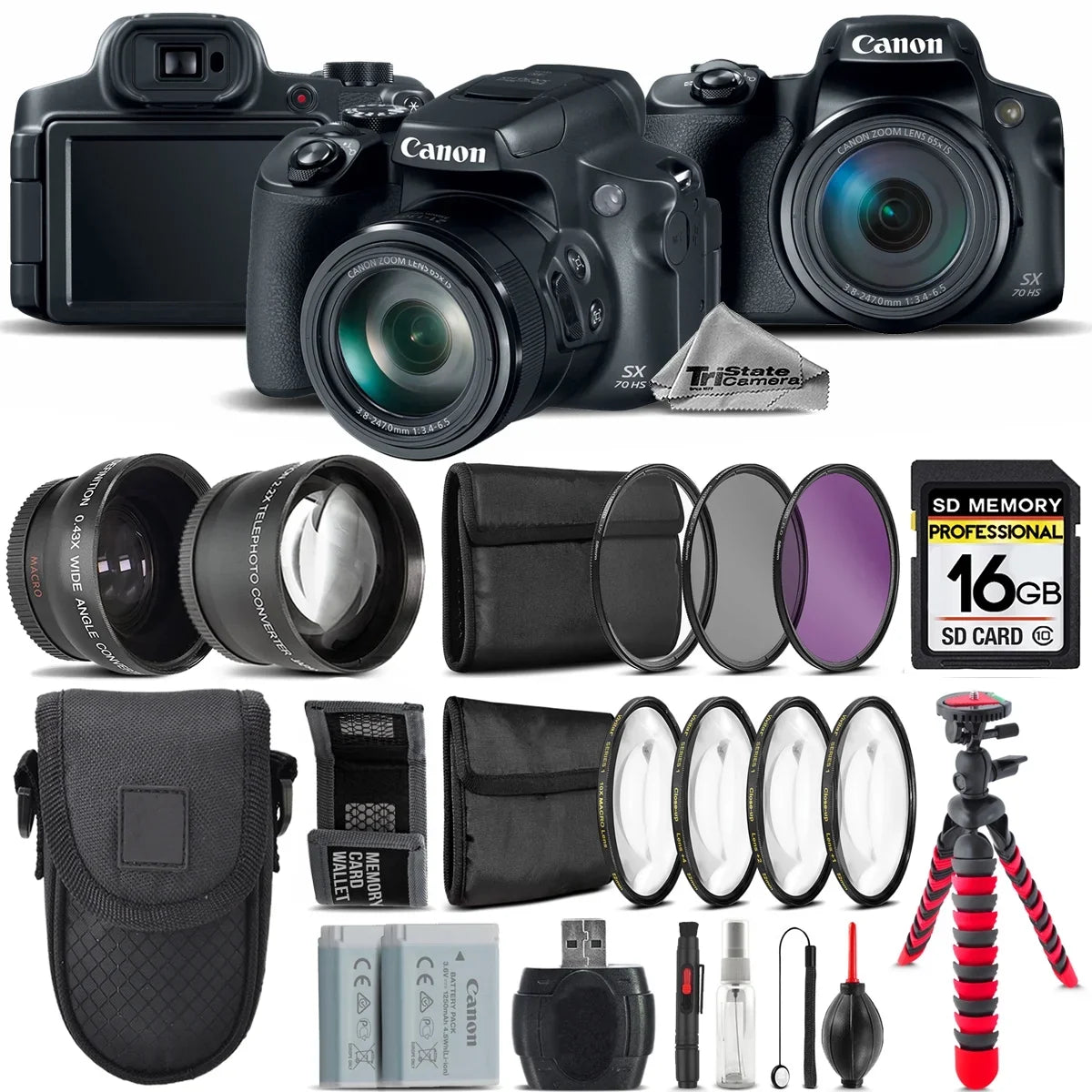 PowerShot SX70 HS Camera + 7 PC Filter Kit + Extra Battery - 16GB Bundle