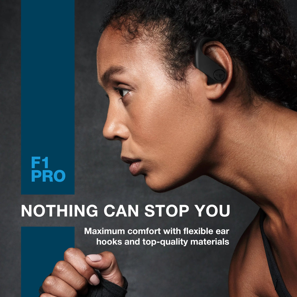 Turonic F1 Pro - True Wireless Earbuds - 45H Playtime, Charging case, Mic, IPX7 Waterproof Bluetooth Headphones w/Microphone - Sport Wireless Earphones with Earhook for Gym, Running, Workout - Black
