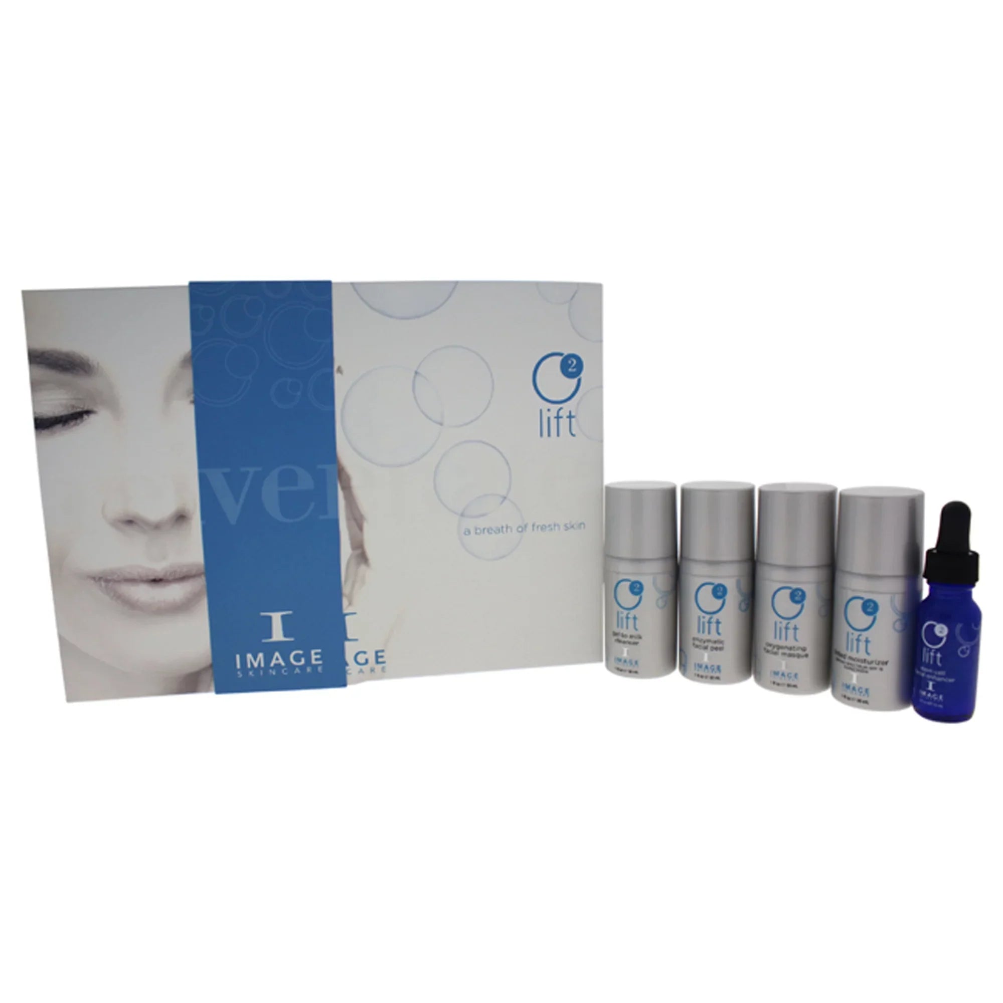 O2 Lift Treatment 5 Pc Kit by Image - 1oz Gel to Milk Cleanser, 1oz Enzymatic Facial Peel, 1oz Oxygenating Facial Fasque, 1oz Tinted Moisturizer SPF 15 Sundisplay, 0.5oz Stem Cell Facial Enhancer