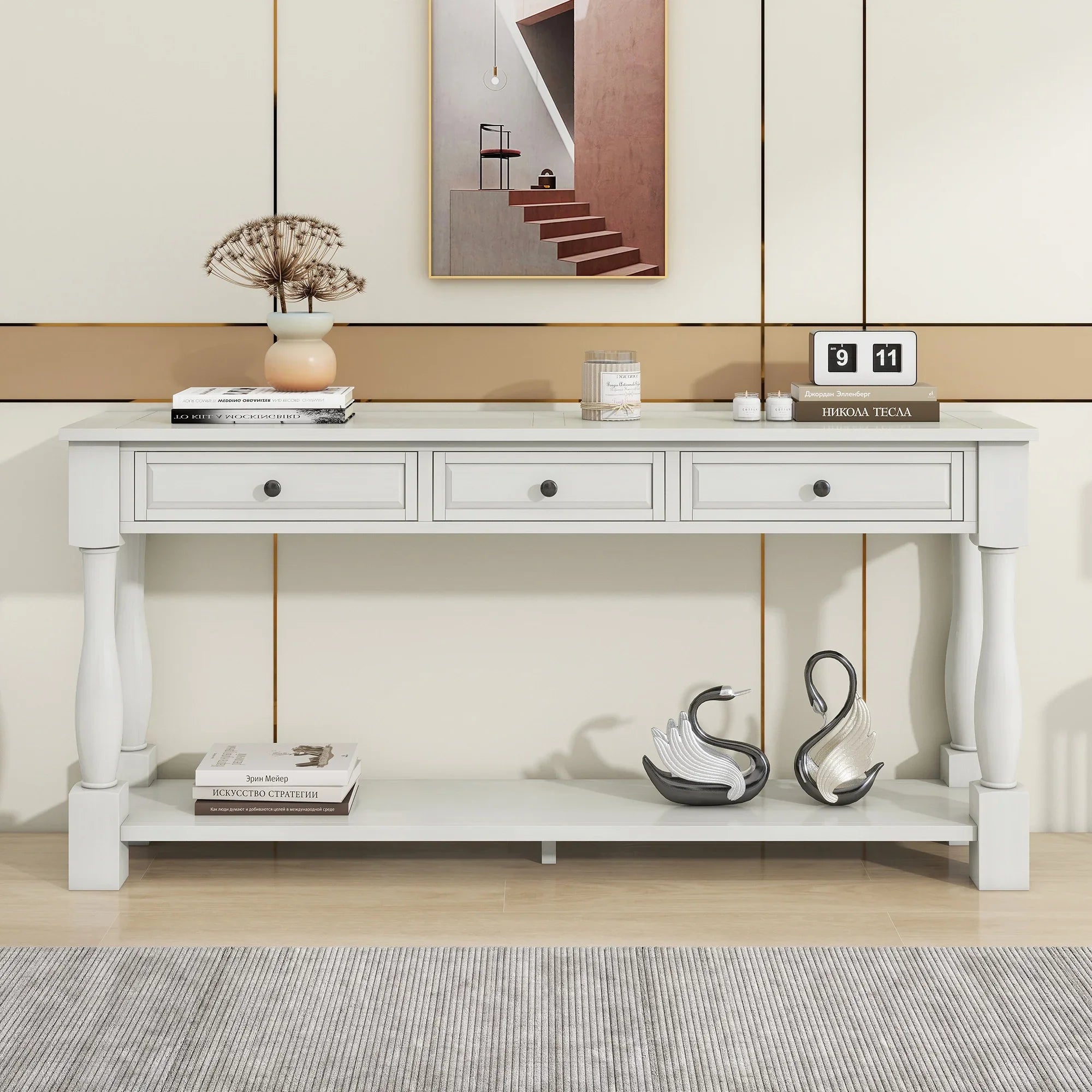 Console Table 63" Long Console Table with Drawers and Shelf for Entryway, Hallway, Living Room (Antique White, OLD SKU: WF193795AAK)