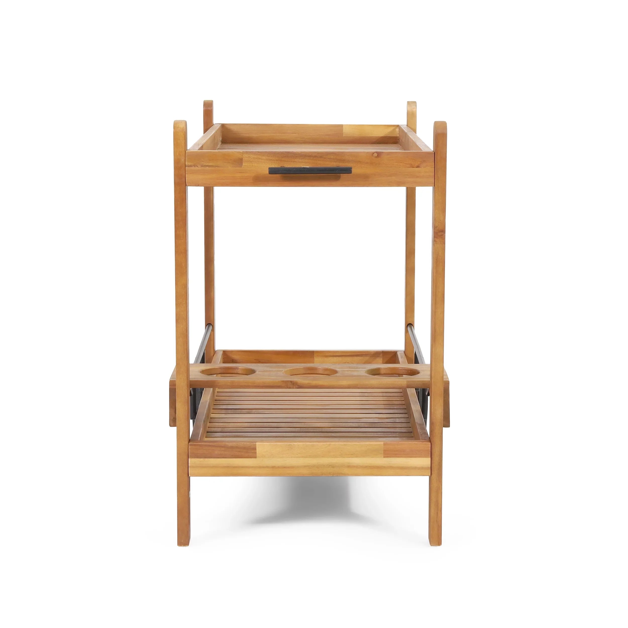 GDF Studio Bonneau Outdoor Acacia Wood 2 Tiered Bar Cart with Bottle Holders, Teak and Black