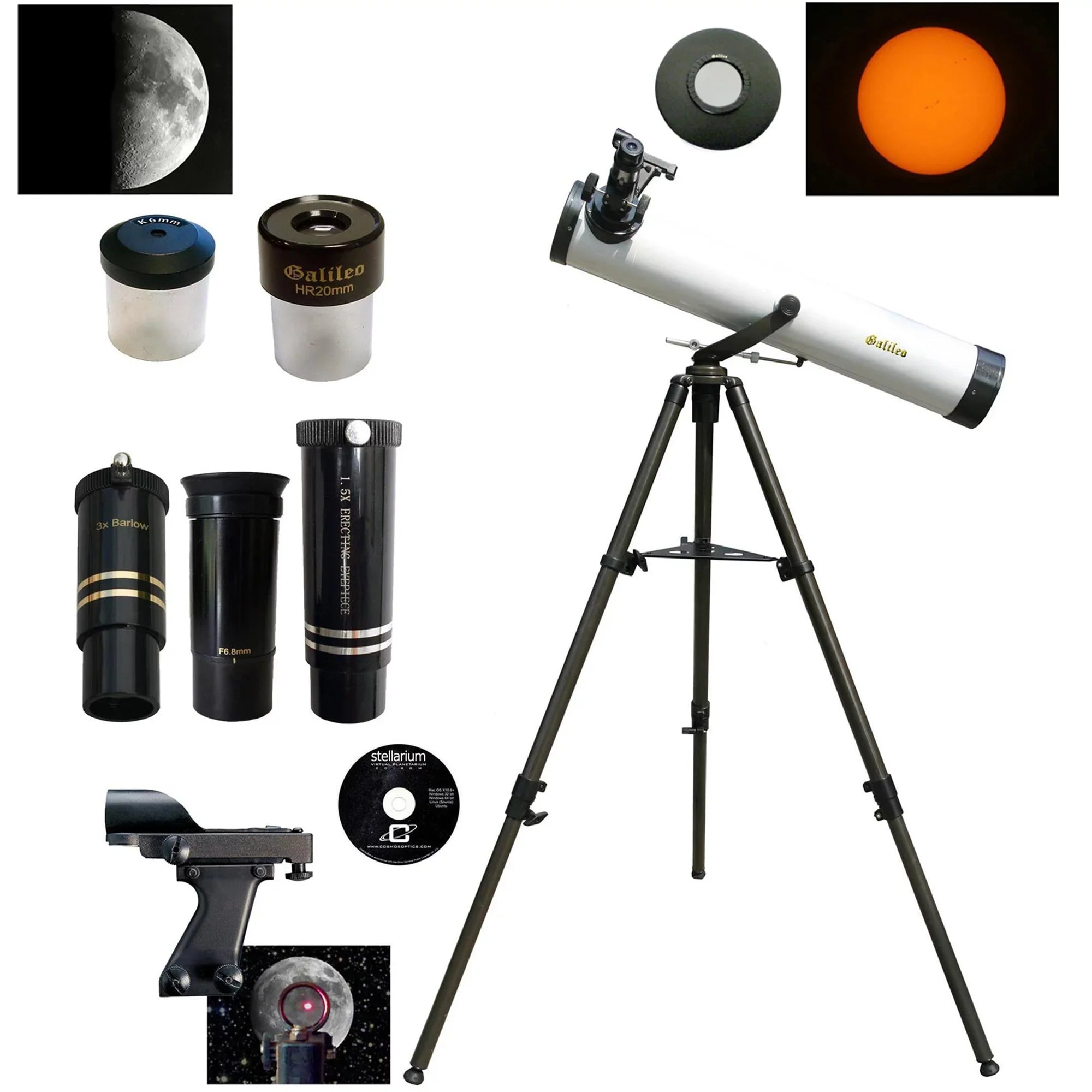 Galileo 800mm x 80mm Reflector Telescope w/ Solar Filter, White,