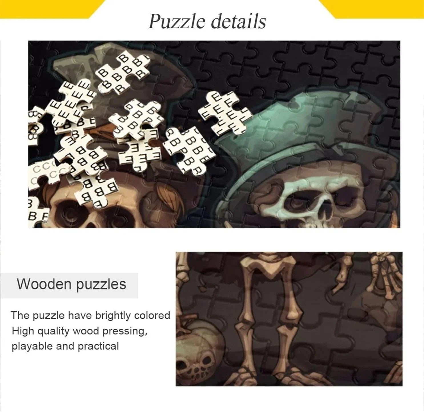 Dreamtimes 500 PCS Wooden Jigsaw Puzzle Halloween Skeleton Print, Zigsaw with Alphabet Partition Storage Bag, Puzzle for Adults, Challenging Brain Exercise Family Game Gift for Kids Friends Parents