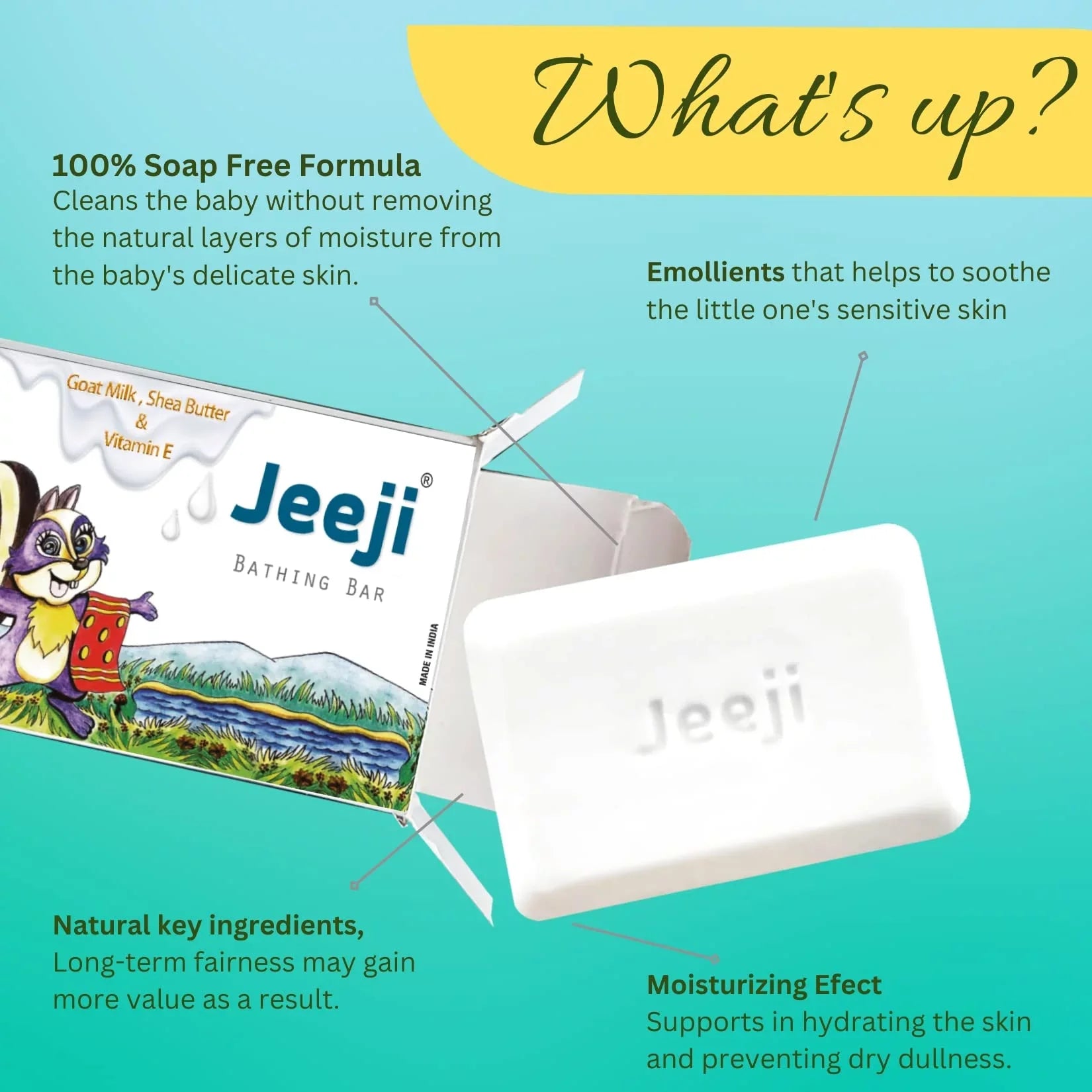Jeeji | Baby Bathing Bar | Purely without Soap | Mild, Pleasant & Moisturizing | Goat Milk, Shea Butter, Oat Meal, Olive Oil and More | Natural Soft | For Daily Gentle Us