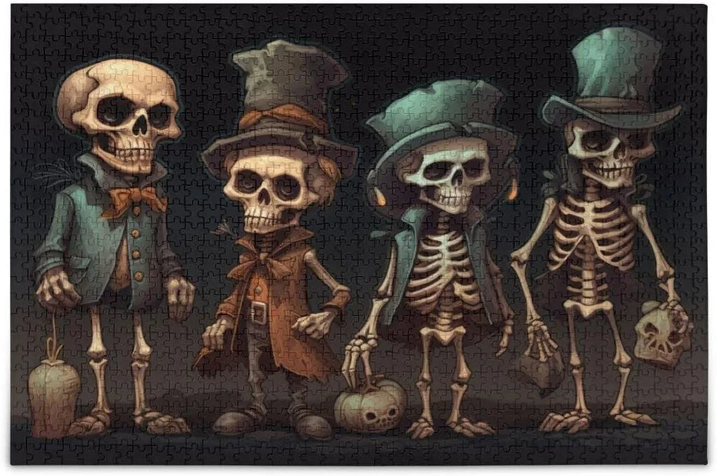Dreamtimes 500 PCS Wooden Jigsaw Puzzle Halloween Skeleton Print, Zigsaw with Alphabet Partition Storage Bag, Puzzle for Adults, Challenging Brain Exercise Family Game Gift for Kids Friends Parents