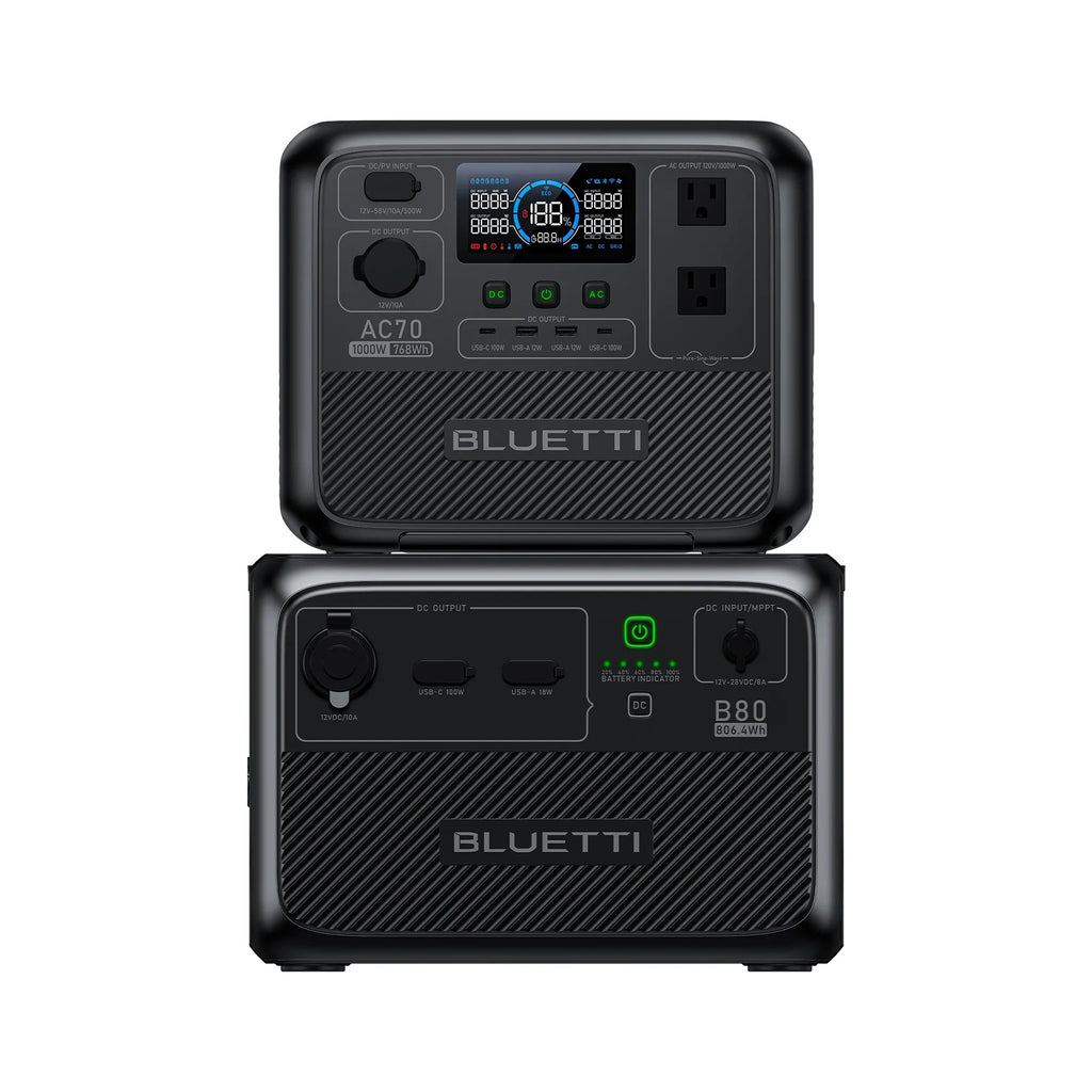 BLUETTI AC70+B80 Portable Solar Generator, 768Wh LiFePO4 Power Station, 80% Charge in 45 Mins, 1000W Rated Power (2000W Lifting Power) for Camping, Hiking, Home Backup