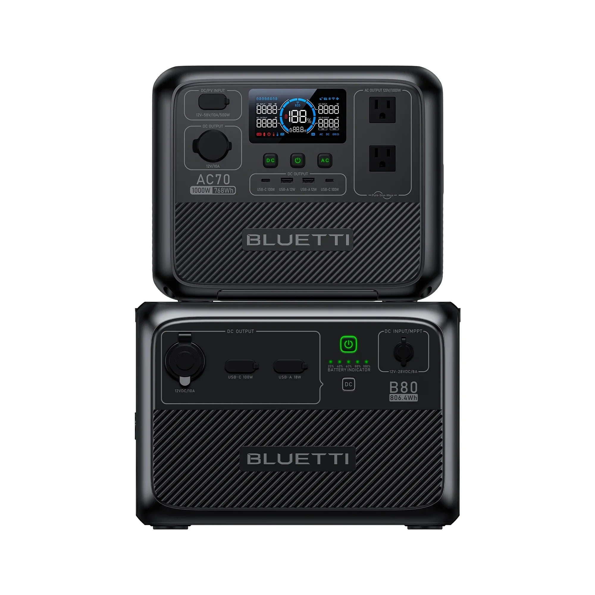 BLUETTI AC70+B80 Portable Solar Generator, 768Wh LiFePO4 Power Station, 80% Charge in 45 Mins, 1000W Rated Power (2000W Lifting Power) for Camping, Hiking, Home Backup