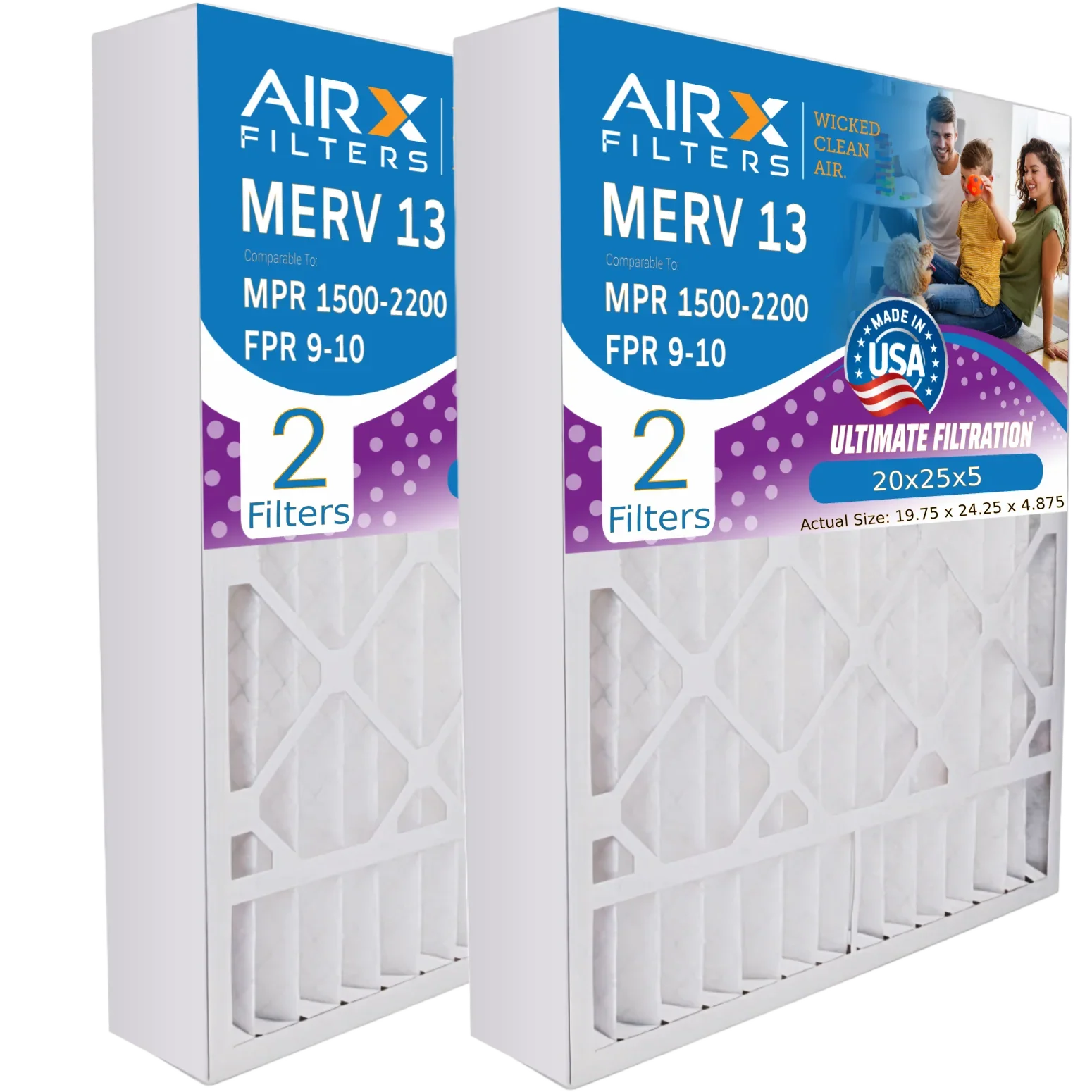20x25x5 Air Filter MERV 13 Comparable to MPR 1500 - 2200 & FPR 9 Compatible with Air Bear 255649-102 Premium USA Made 20x25x5 Furnace Filter 2 pack by AIRX FILTERS WICKED CLEAN AIR.