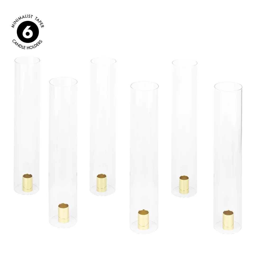 Koyal Wholepromotion Minimalist Taper Candle Holders with Hurricane Glass for Weddings Centerpieces, 14" Tall, Set of 6